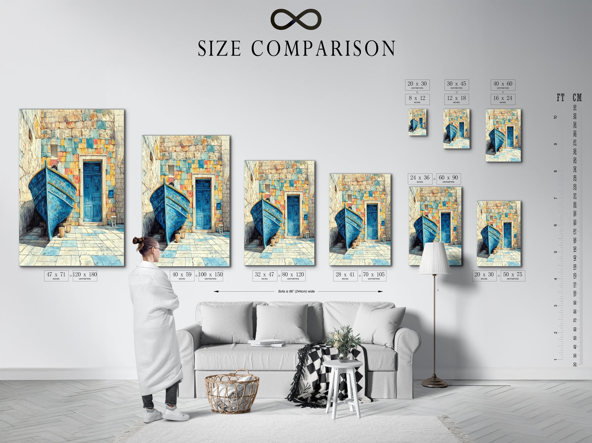 Size comparison chart displayed in an interior setting. Visualize how the Coastal Boat artwork fits in your space. Choose the perfect size for this Mediterranean wall art. Nautical decor complements any room.