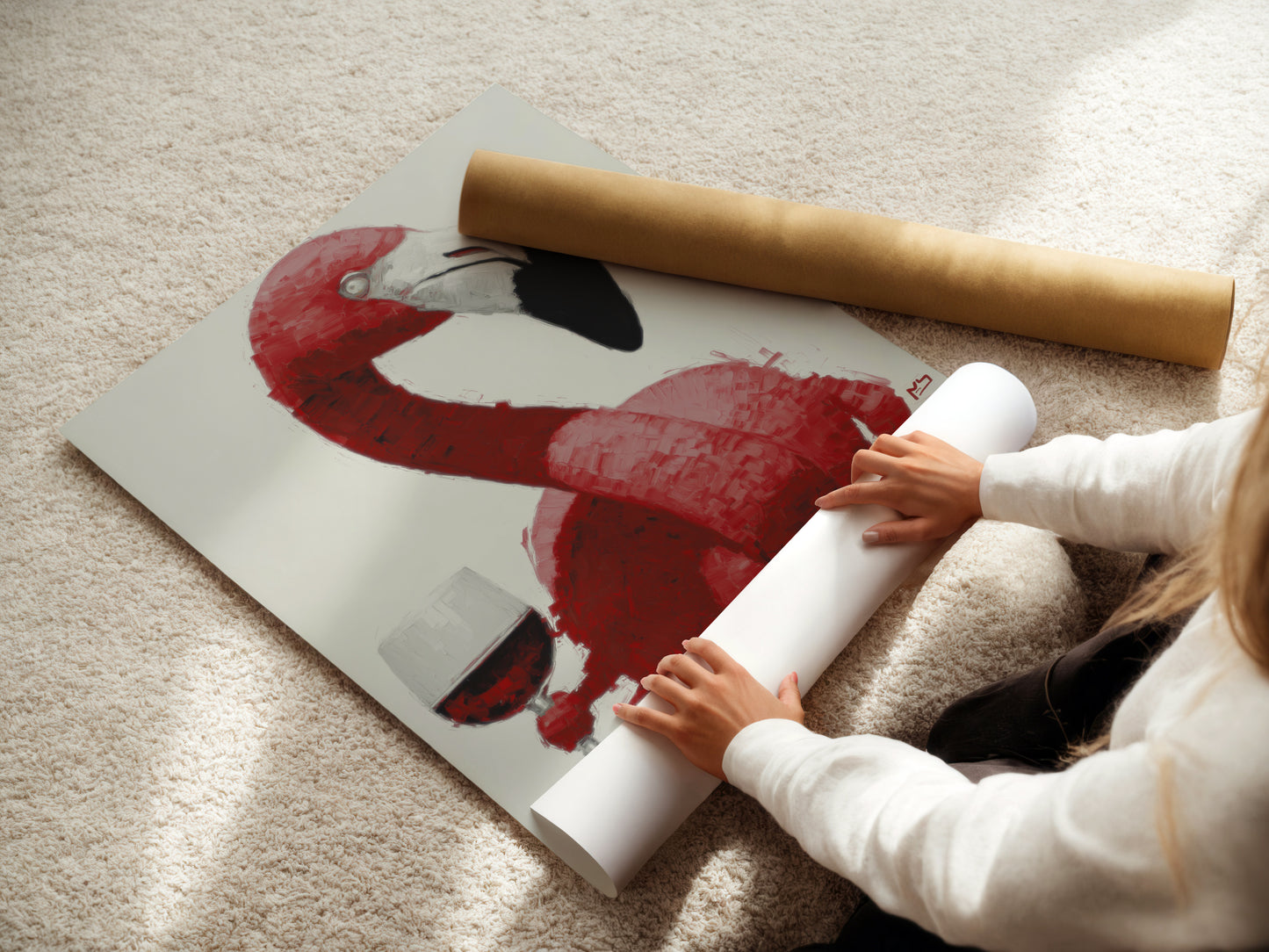 A woman is carefully rolling a fine art poster paper of a pink flamingo wine art print. This modern animal artwork is perfect for any space. Ideal for adding a touch of whimsy and elegance to your decor. Shop now for your unique piece.