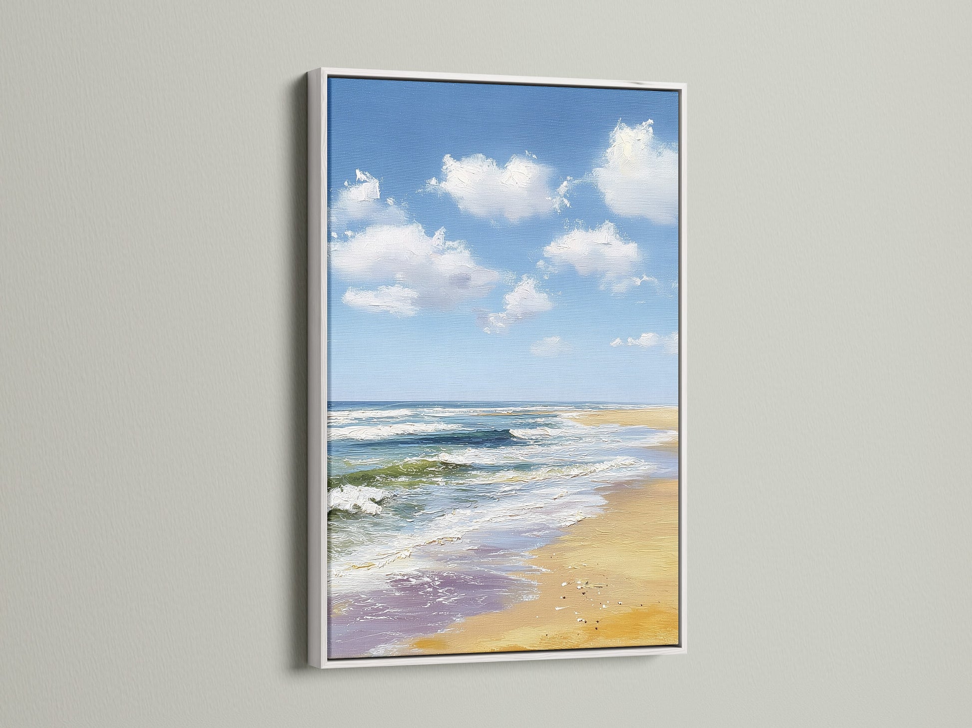 Beautiful beach artwork. It is encased in a white frame. The white frame offers a clean and modern look. It complements the artwork's vibrant colors. It adds a fresh aesthetic to your home.