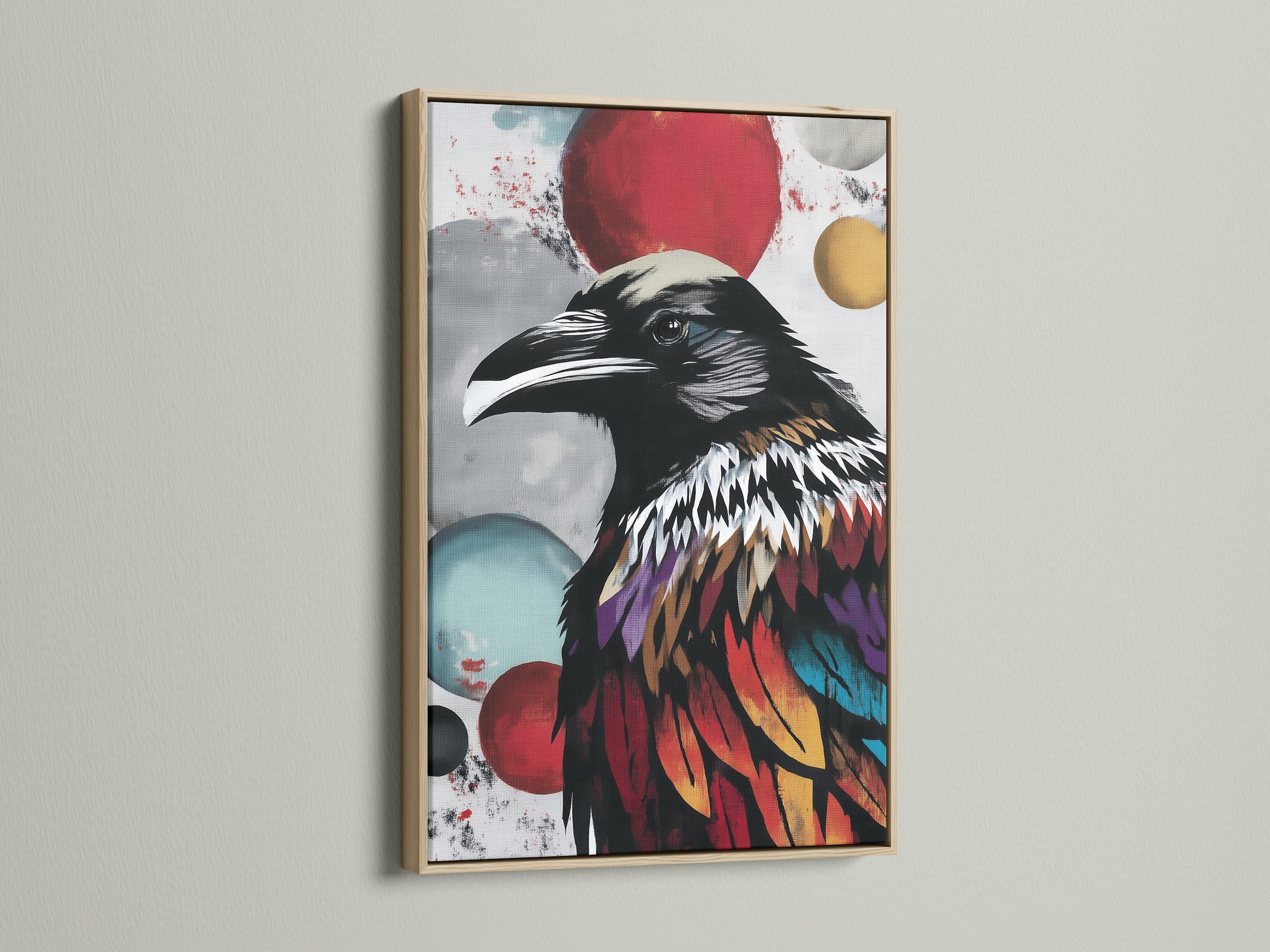 The featured colorful raven art is framed in oak. This bird wall art brings modern gothic decor to your space. Its colorful print makes a statement. This would be a great gift for bird lovers.