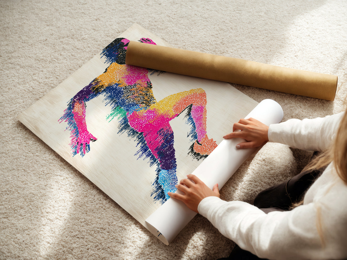 A woman is rolling a fine art poster paper. The poster features high-quality printing. This ensures vibrant colors and sharp details. Fine art posters are a great way to showcase your favorite artwork. It is easy to handle and frame.
