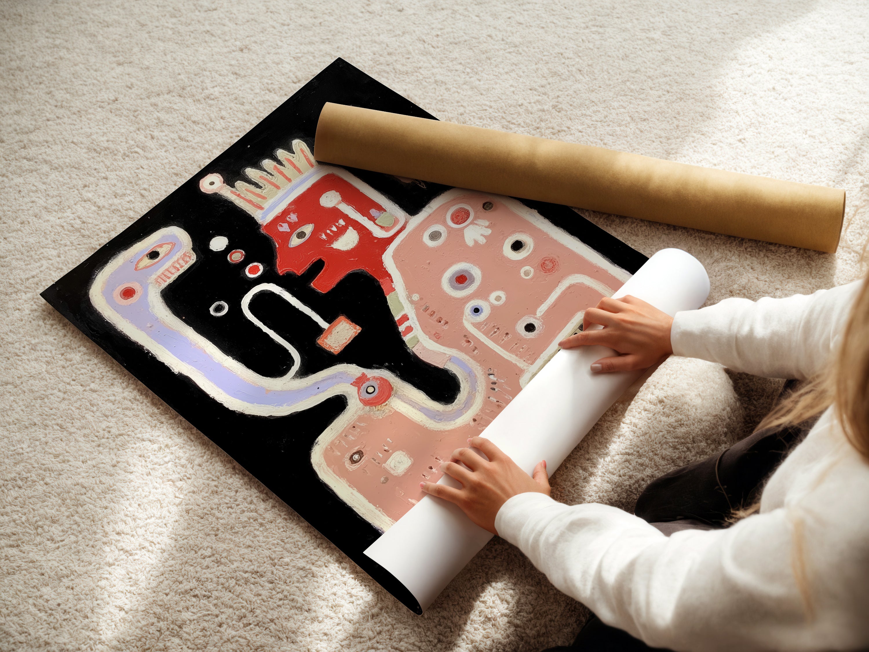 A woman is carefully rolling a fine art poster paper. The paper is for an abstract monster art print. This ensures it will arrive in perfect condition. These art prints are perfect for modern wall art. They are great for your home.