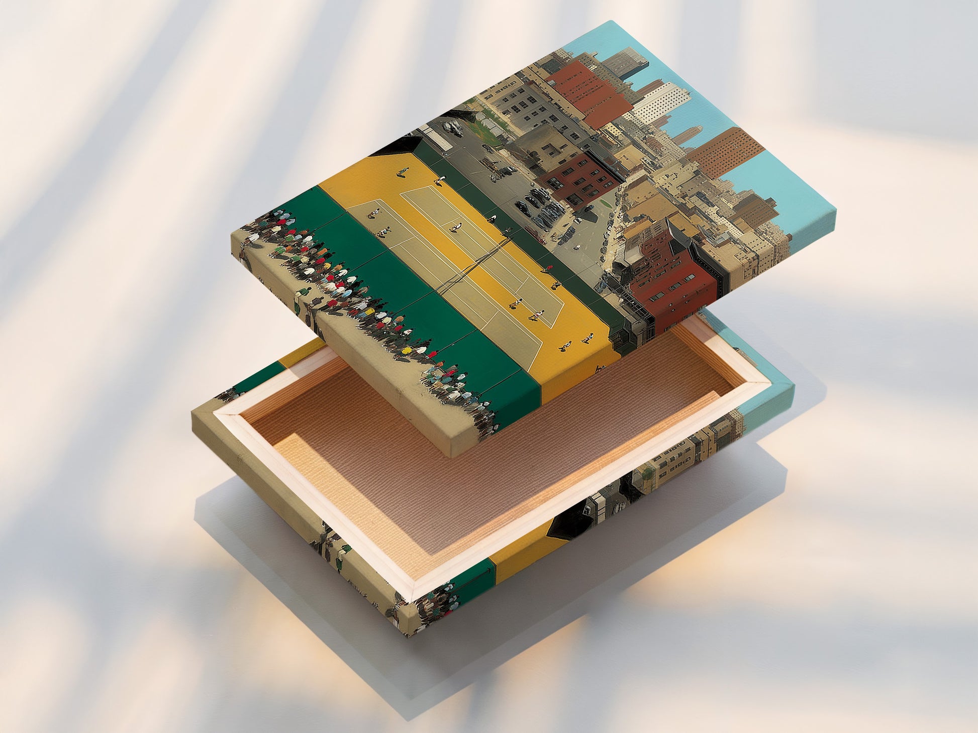 A stretched canvas print of the Urban Tennis Court artwork is displayed. The stretched canvas print provides a gallery-quality look. The city sports print brings the artwork to life. This retro athletic art is perfect for contemporary wall decor.