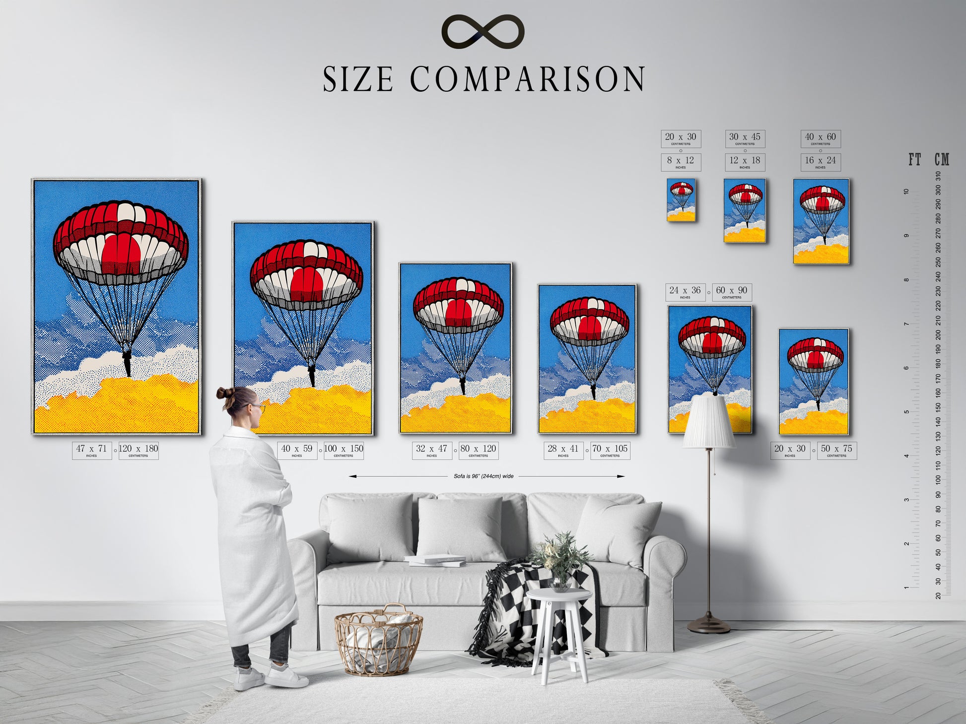 This image is a size comparison chart in an interior setting. The chart helps visualize different print sizes. It allows you to choose the perfect artwork. Compare sizes for canvas prints and fine art posters. Find the ideal fit for your space. Use our size comparison chart.