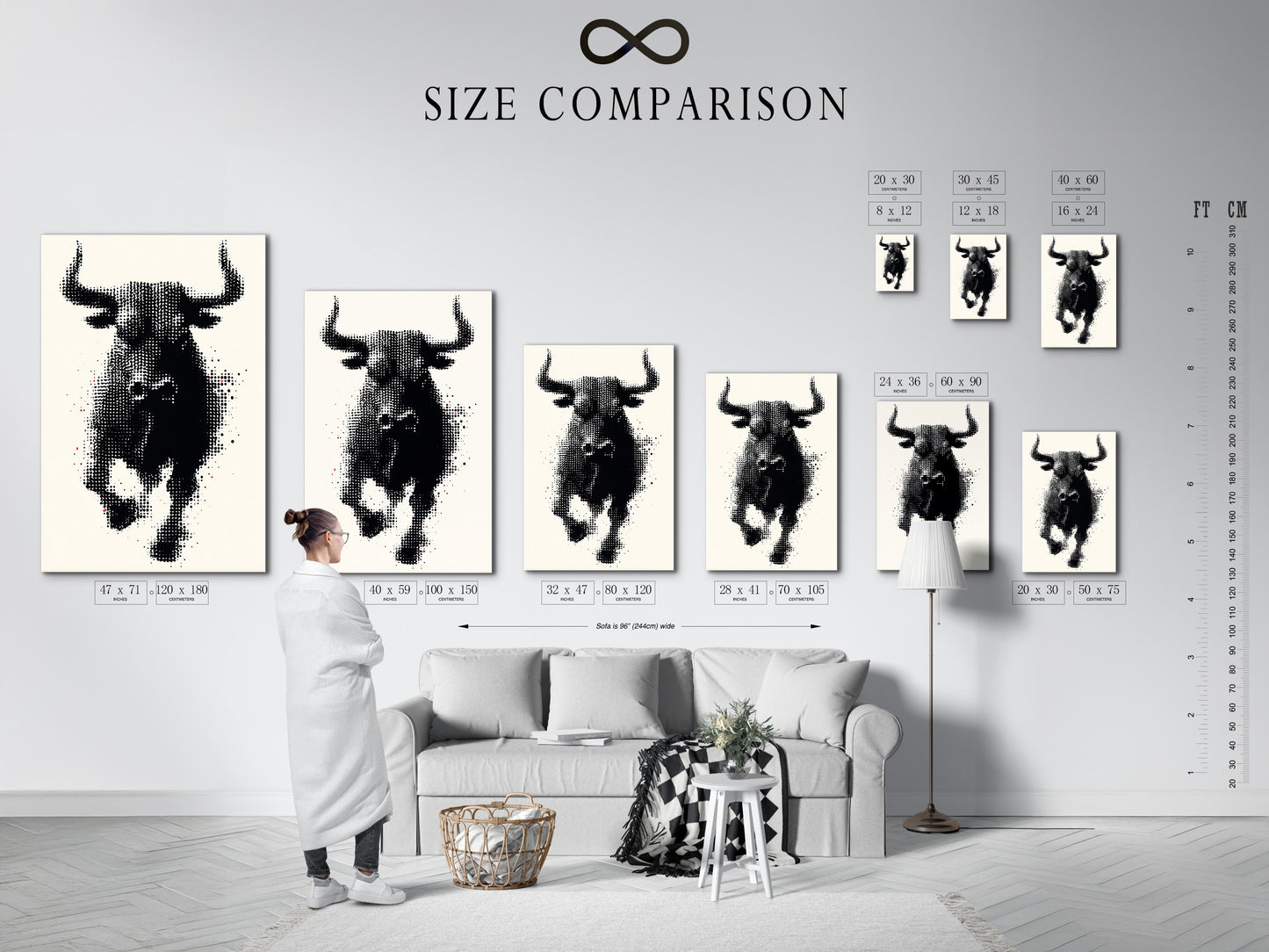 A size comparison chart is displayed in an interior setting. This chart helps you visualize the different sizes of artwork. Choose the perfect size for your space. See how various sizes of canvas prints and posters look in a room. This size guide makes it easy to select the right piece for your decor needs. Plan your wall art perfectly.