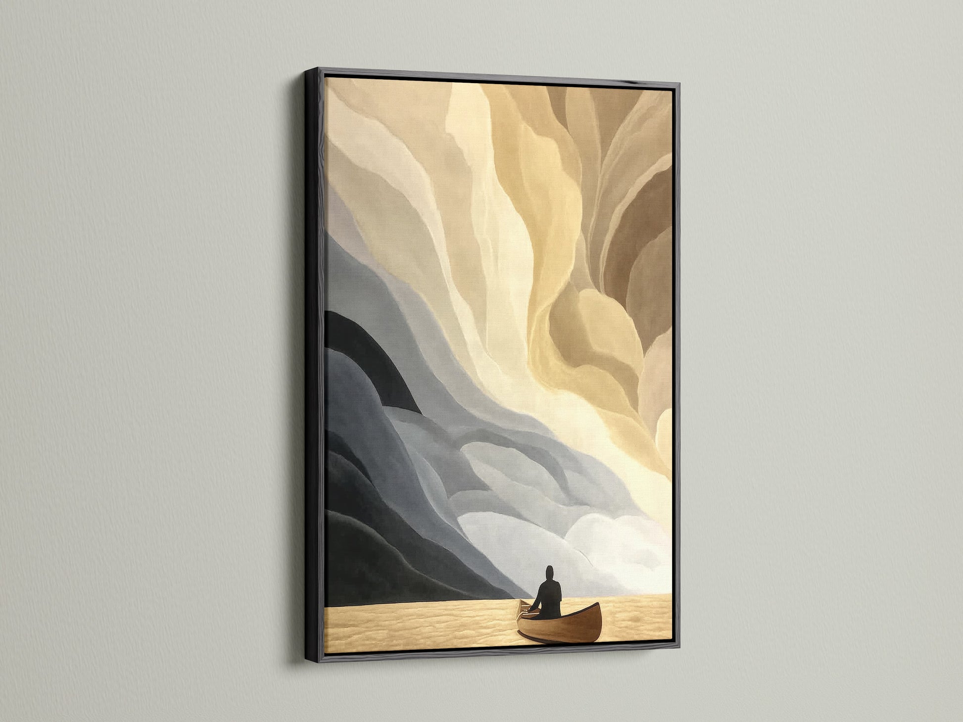 Abstract boat art in a black frame. This canvas print showcases neutral tones in a minimalist style. Ideal seascape artwork to elevate your office decor. The calming art is suited for minimalist Scandinavian coastal and modern spaces. Add a touch of modern artwork.