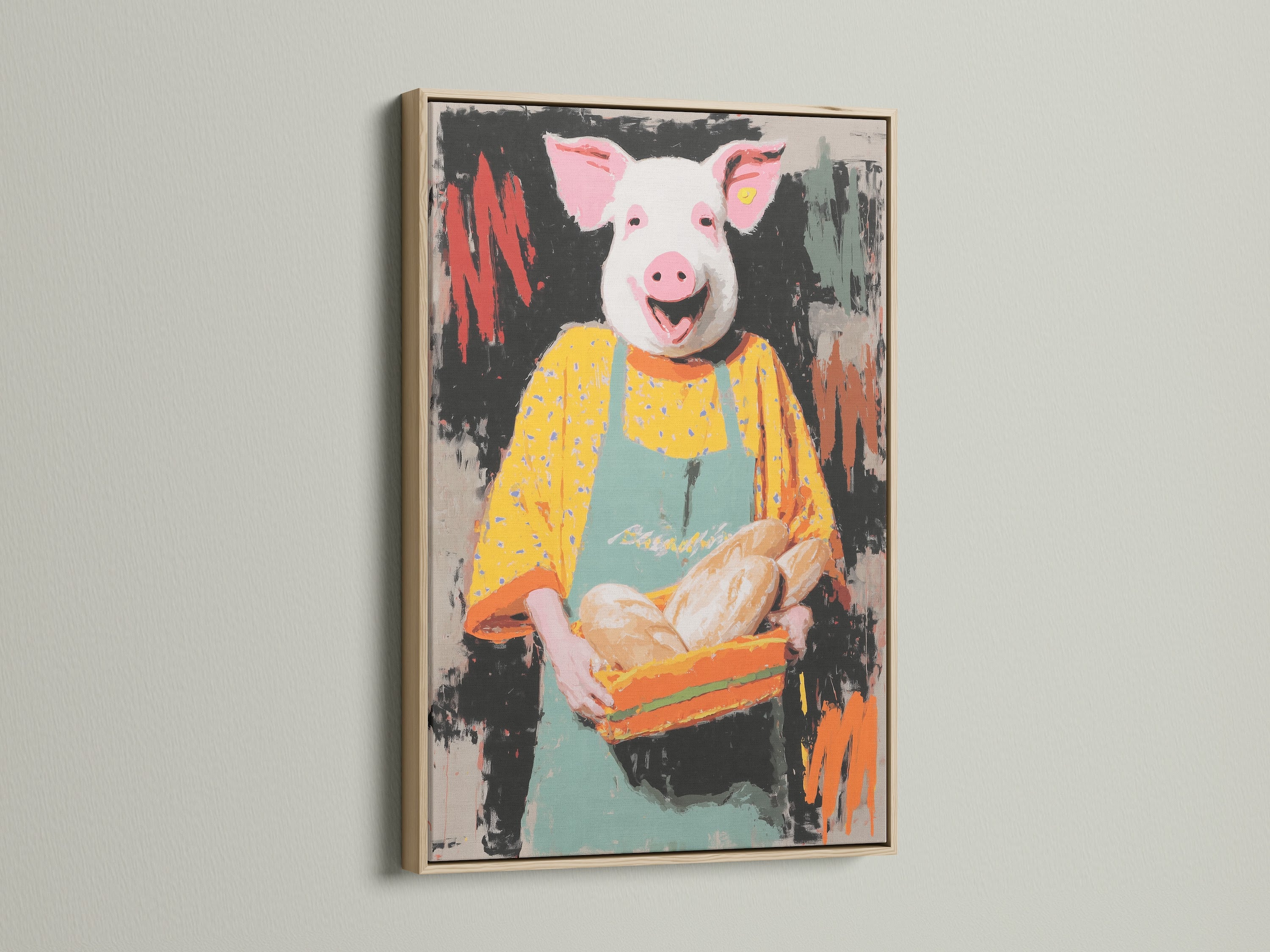 Pig Baker art in an oak frame. This funny animal print adds charm to any kitchen. It is perfect dining room decor. The artwork features a chef pig in a Country & Farmhouse style.