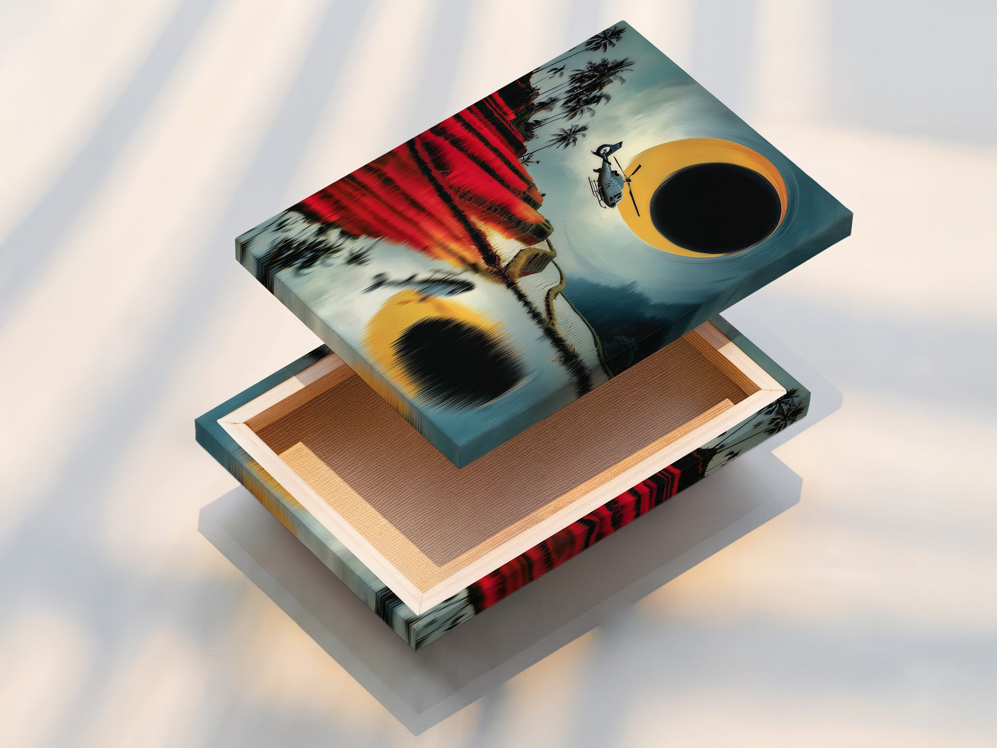 A stretched canvas print of the Helicopter Over Rice Terraces artwork. The vibrant teal and red colors bring the landscape to life. This modern travel artwork is ready to hang. It is perfect for adding a touch of adventure to your home or office decor