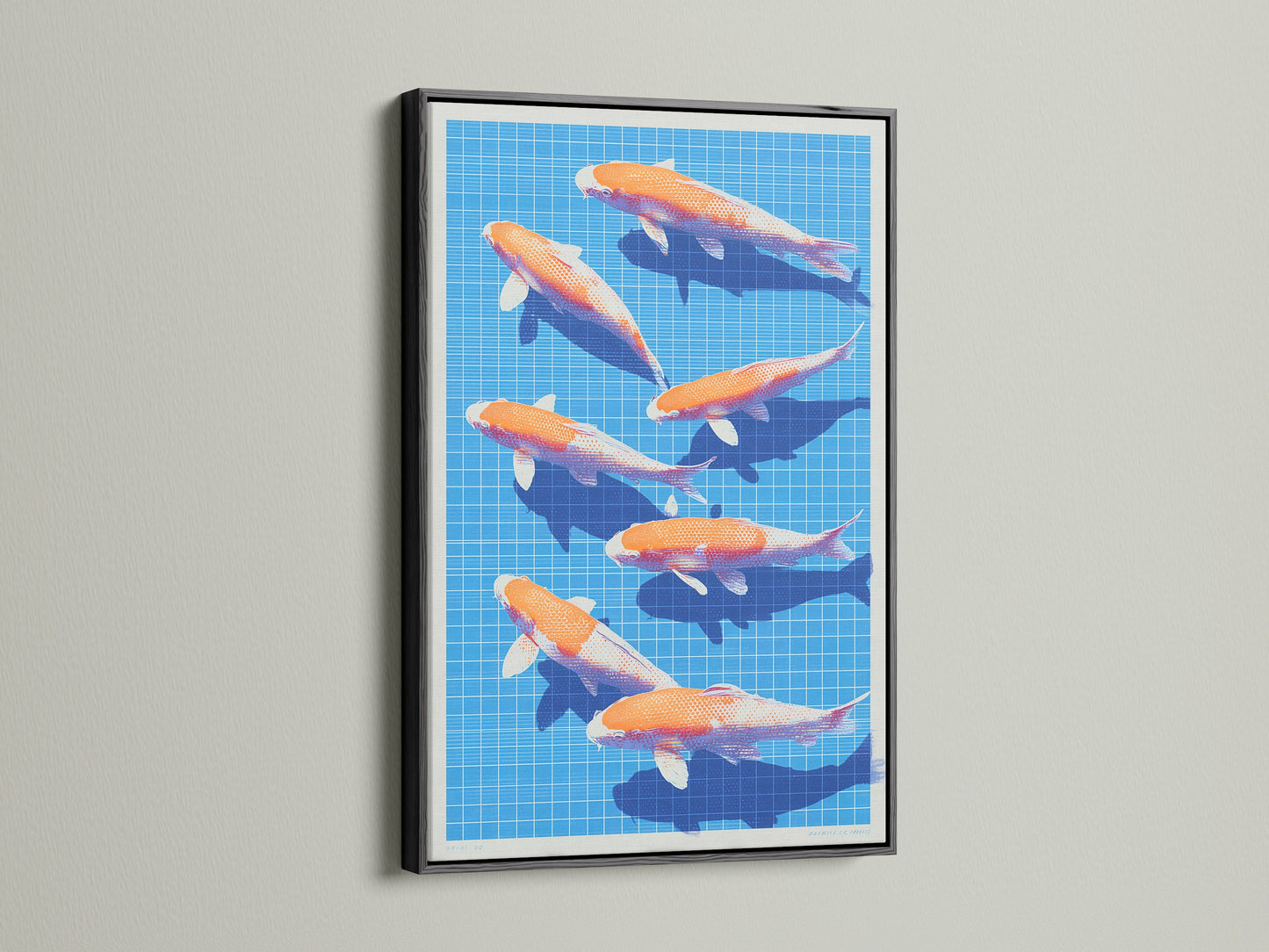 The black frame offers a bold and sophisticated border to the Koi Fish canvas artwork. Its strong contrast adds depth and visual interest. This frame makes a statement in modern and minimalist settings. Perfect for office art or living room wall art.