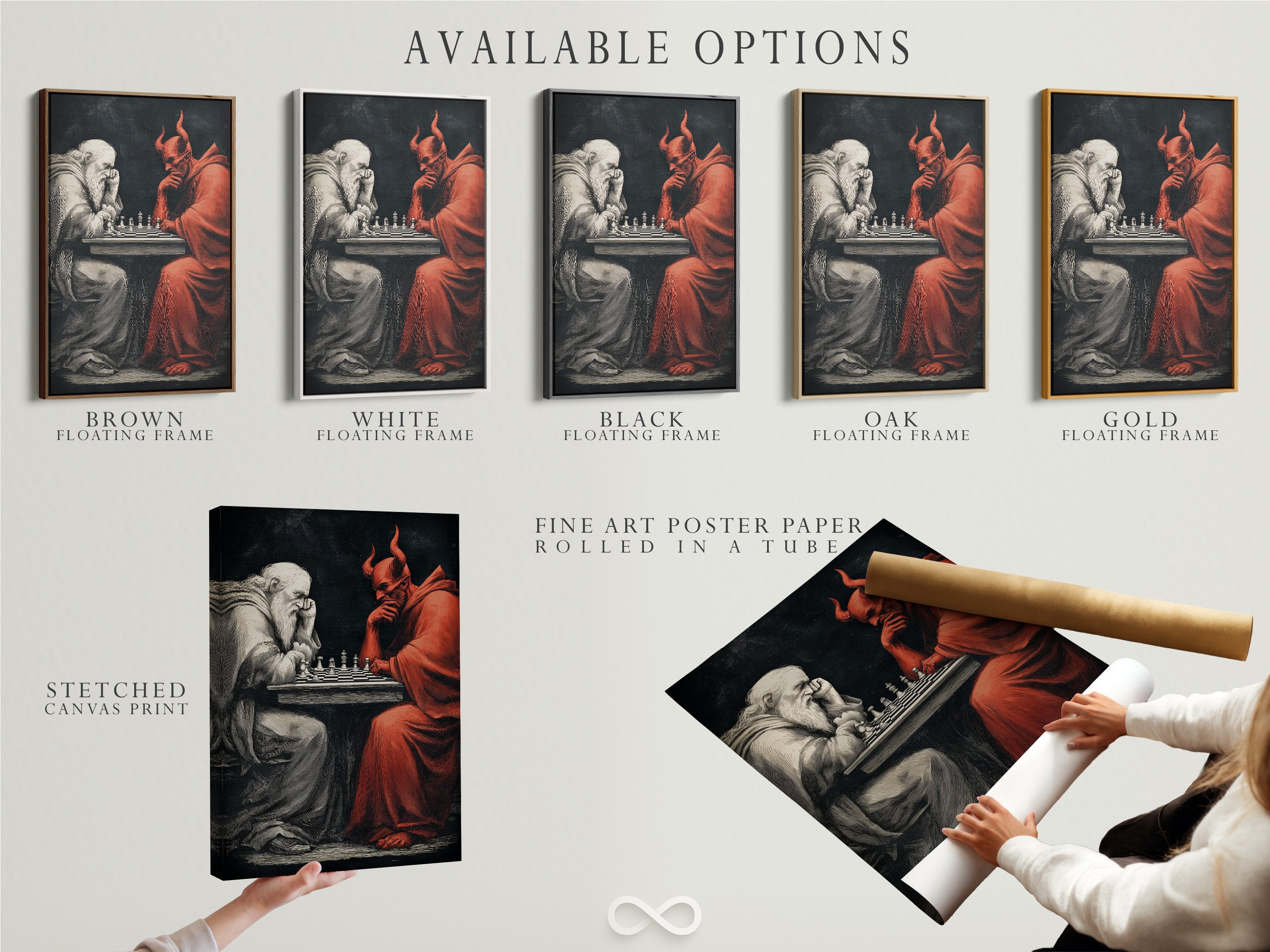 Available options for the Chess Master artwork. Choose from a stretched canvas print fine art poster paper or floating frame. This devil vs angel art is perfect for study rooms. Gothic style and chess game art.