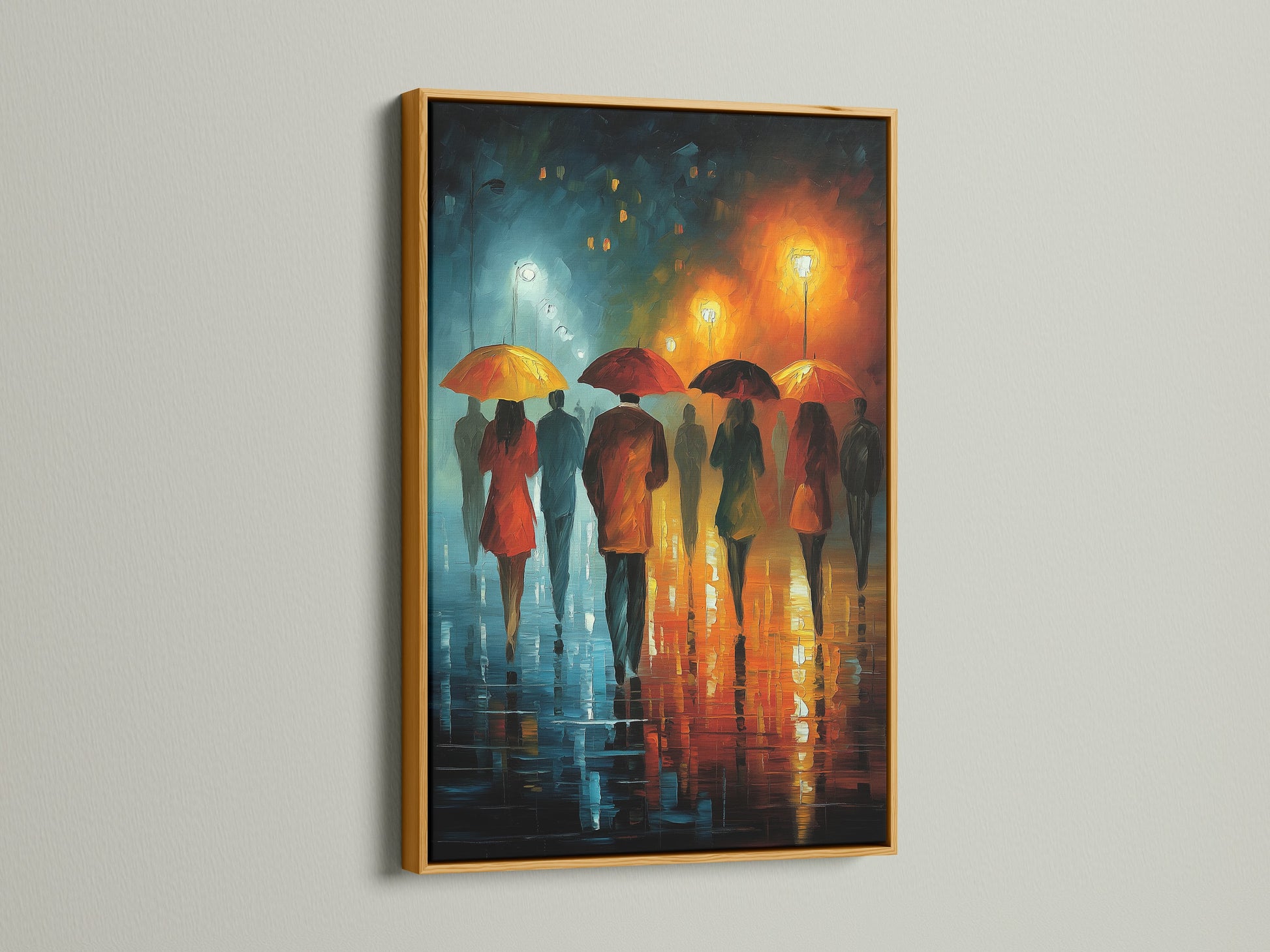 A gold frame enhances this figurative wall art. The canvas print shows a rainy city walk with figures and umbrellas. The artwork's impressionist style is perfect for a bedroom or cafe. A great gift for women.