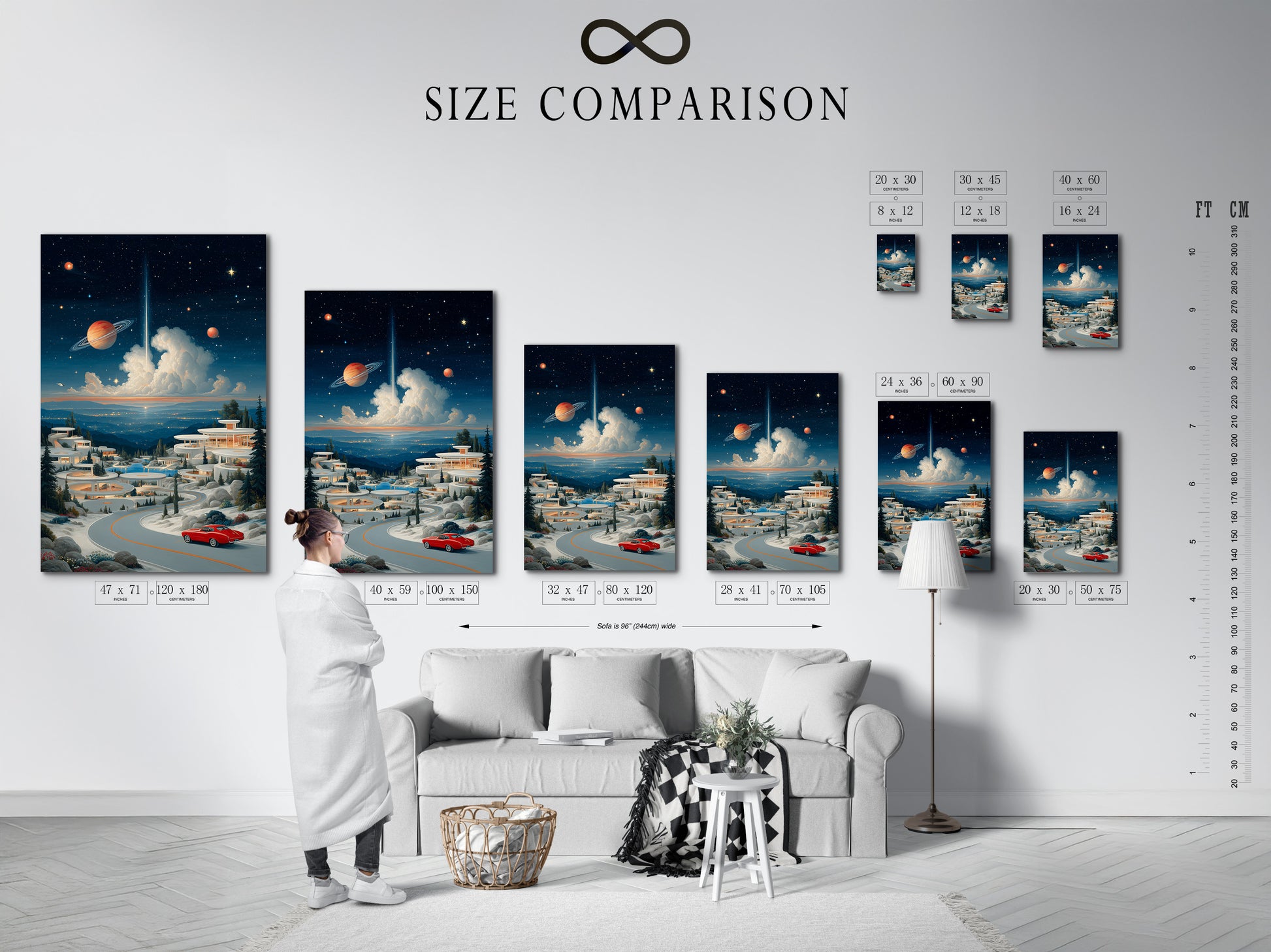 Size comparison chart in an interior setting. Visualize the scale of the surreal space landscape artwork. See how the retro futuristic wall art fits in various spaces. Choose the perfect size for your cosmic village poster.