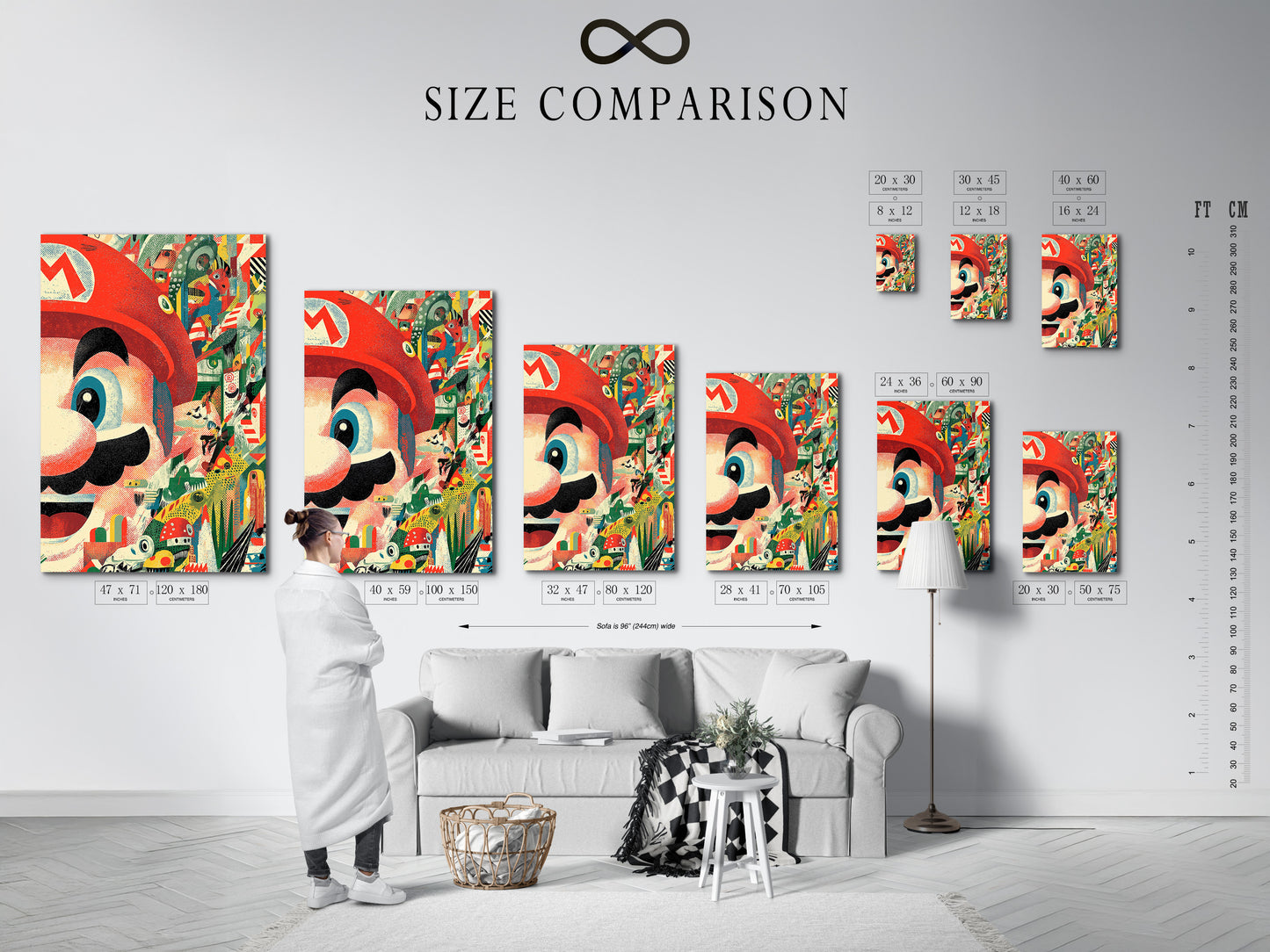 Refer to the size comparison chart to choose the perfect size for your Mario collage art print. This chart helps you visualize the artwork in your space. Find the ideal fit for your retro gaming art. Enhance your game room decor with the right size.