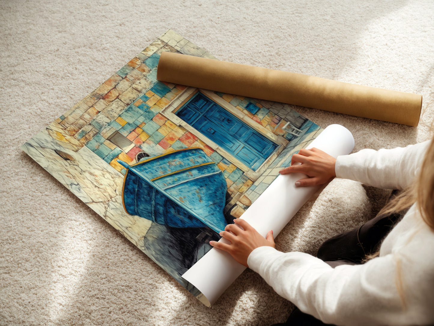 A woman is carefully rolling a fine art poster paper. The Coastal Boat artwork is printed with precision. This Mediterranean wall art is ready to be framed. Perfect for adding a nautical touch to your home decor.