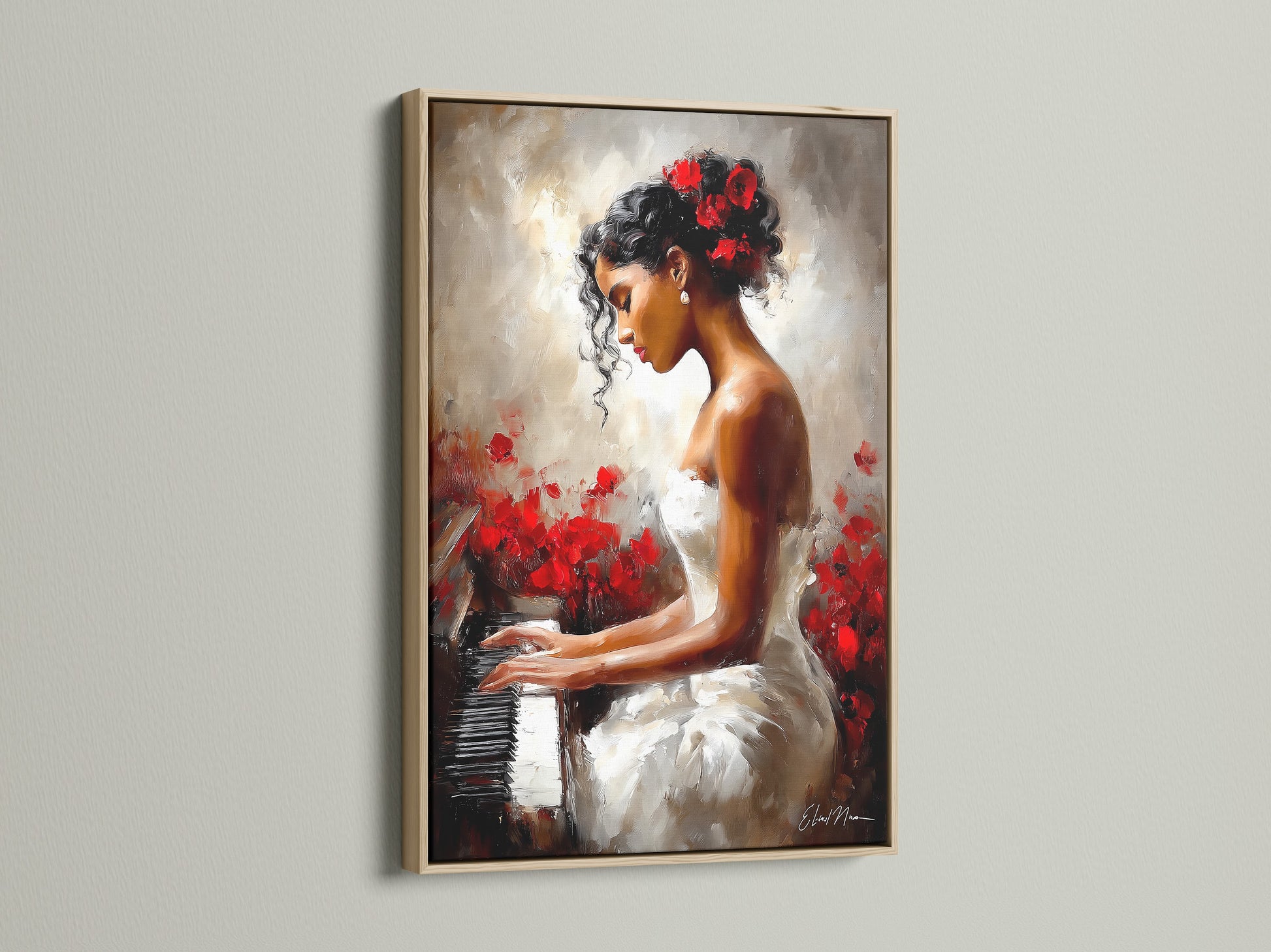 A framed artwork shows a woman playing piano. The artwork is framed in oak. The image captures a serene and artistic scene. The art piece enhances the room's aesthetic. The artwork features a woman in a white dress.