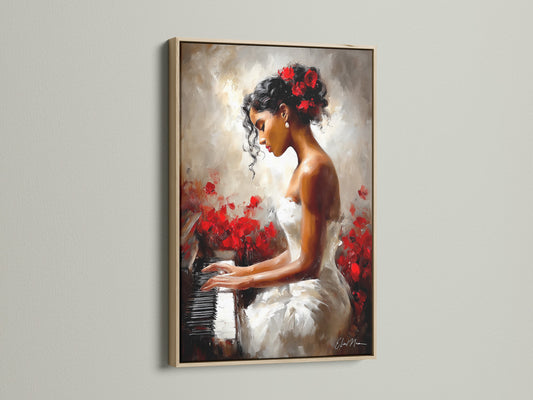 A framed artwork shows a woman playing piano. The artwork is framed in oak. The image captures a serene and artistic scene. The art piece enhances the room's aesthetic. The artwork features a woman in a white dress.