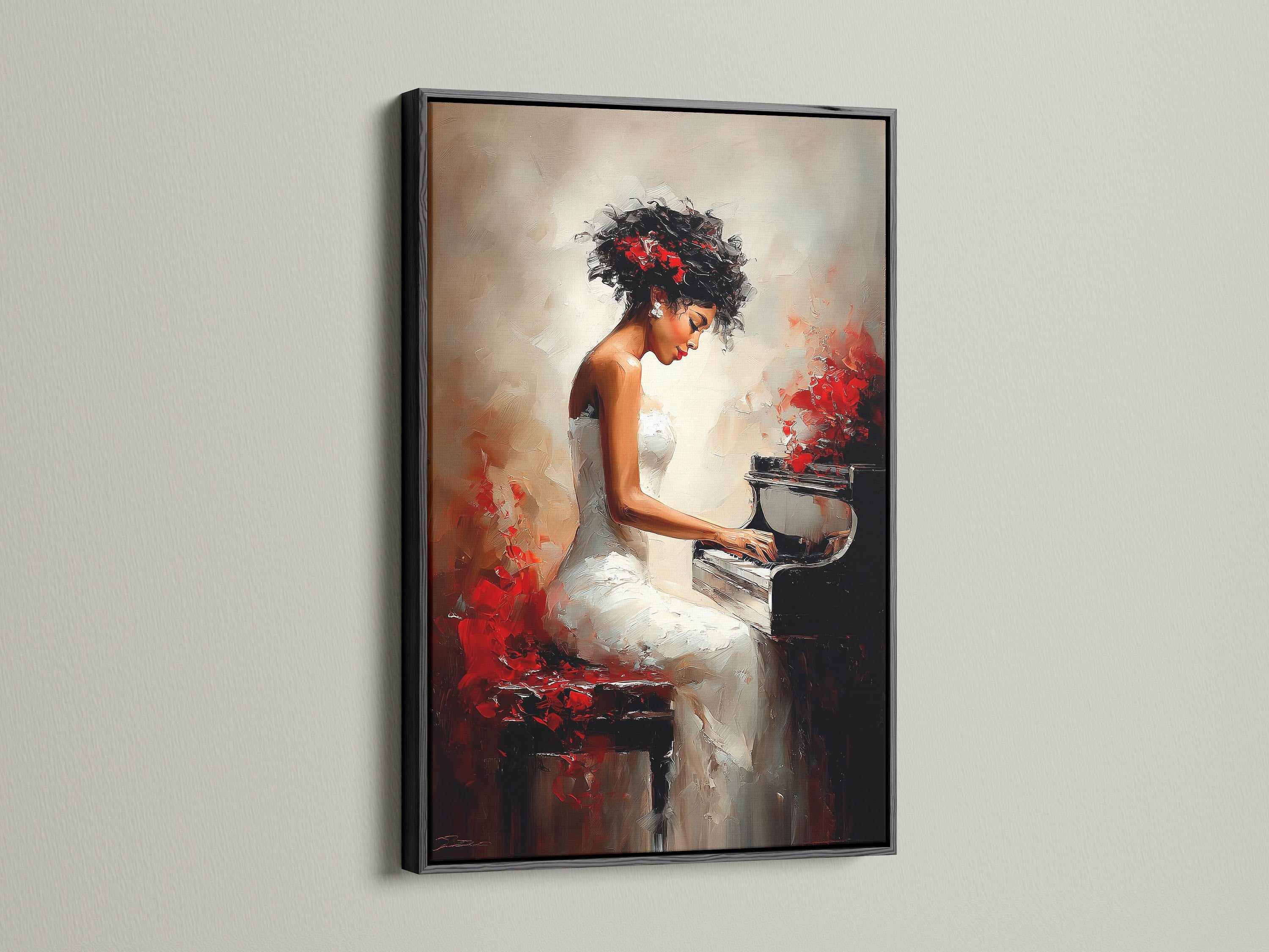 Artwork featuring a woman playing the piano in a black frame. The black frame adds a bold and dramatic touch. This artwork stands out in any setting. It is perfect for creating a focal point. This piece is a striking addition to your collection. The frame enhances the artwork's contrast.