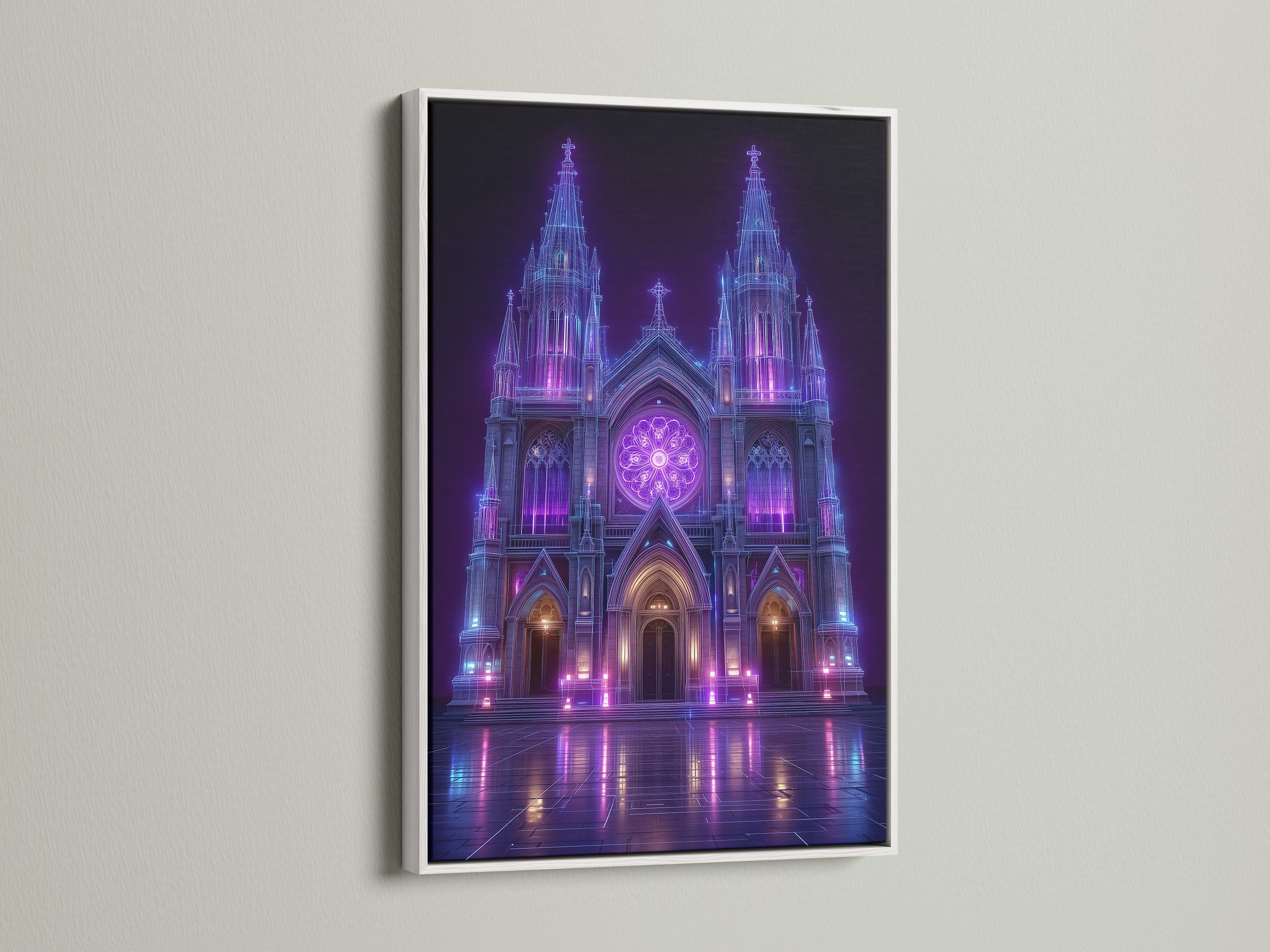 A white frame enhances this gothic cathedral art. This cyberpunk wall art adds a modern touch. The white frame creates a clean and contemporary look. Ideal for neon purple art and unique home decor. It's perfect for office wall art.