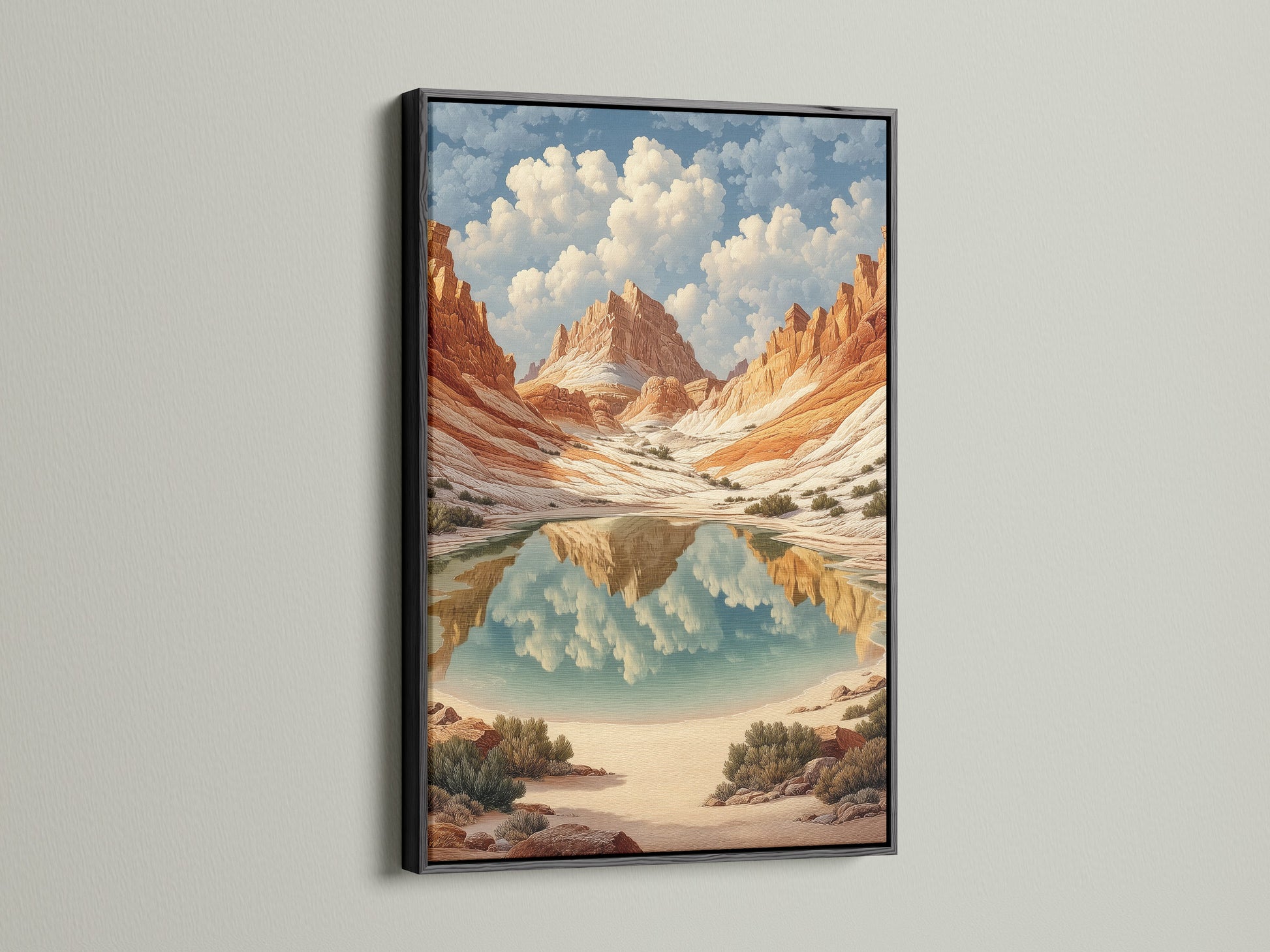 Elevate your home decor with this striking desert canyon art. The southwestern art piece features terracotta mountains in a black frame. This nature canvas adds a touch of sophistication to any room. Ideal for creating a stylish and inviting atmosphere in living rooms and bedrooms.