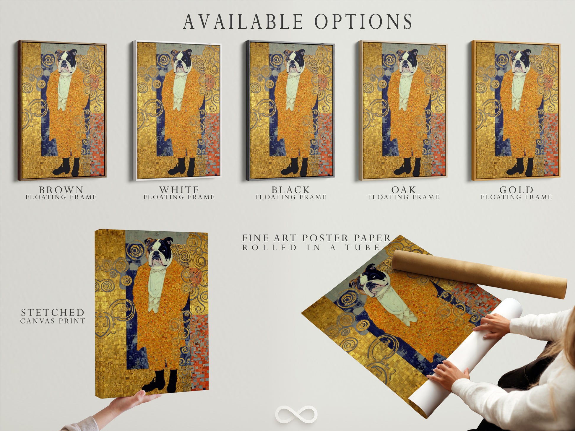 Available options for the Klimt Style Bulldog are showcased. This includes stretched canvas prints fine art poster paper and floating frames. Choose the perfect format for this dog portrait print. Enhance your office wall decor with art nouveau print. It's ideal as golden wall art.