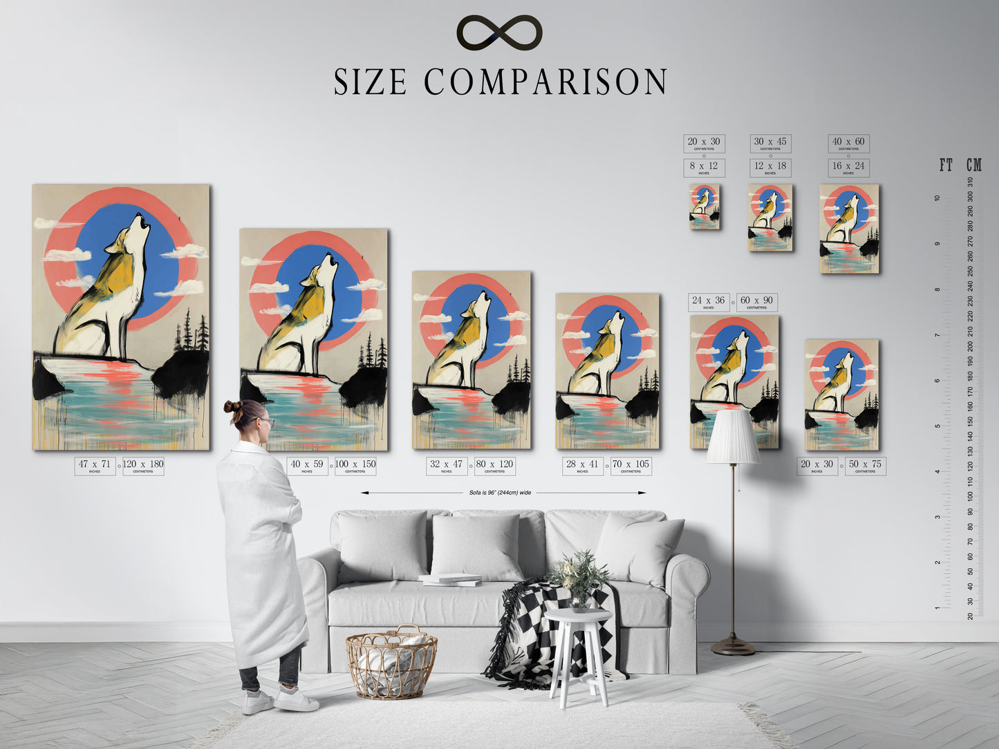 A size comparison chart in a stylish interior displays a wolf artwork. It helps visualize the perfect fit for your space. The artwork features a howling wolf against a modern abstract coral blue sky. This is perfect for planning your wall decor. Ensure the perfect size for your room.