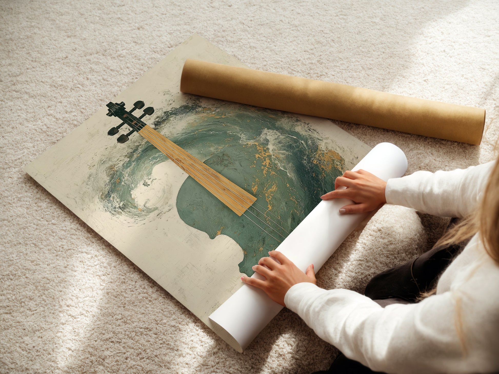 A woman is carefully rolling a fine art poster paper print of the Abstract Violin Artwork. The teal and gold musical canvas will be a stunning addition to any space. This fine art poster paper ensures a high-quality reproduction of the artwork. Perfect for art collectors and music lovers.