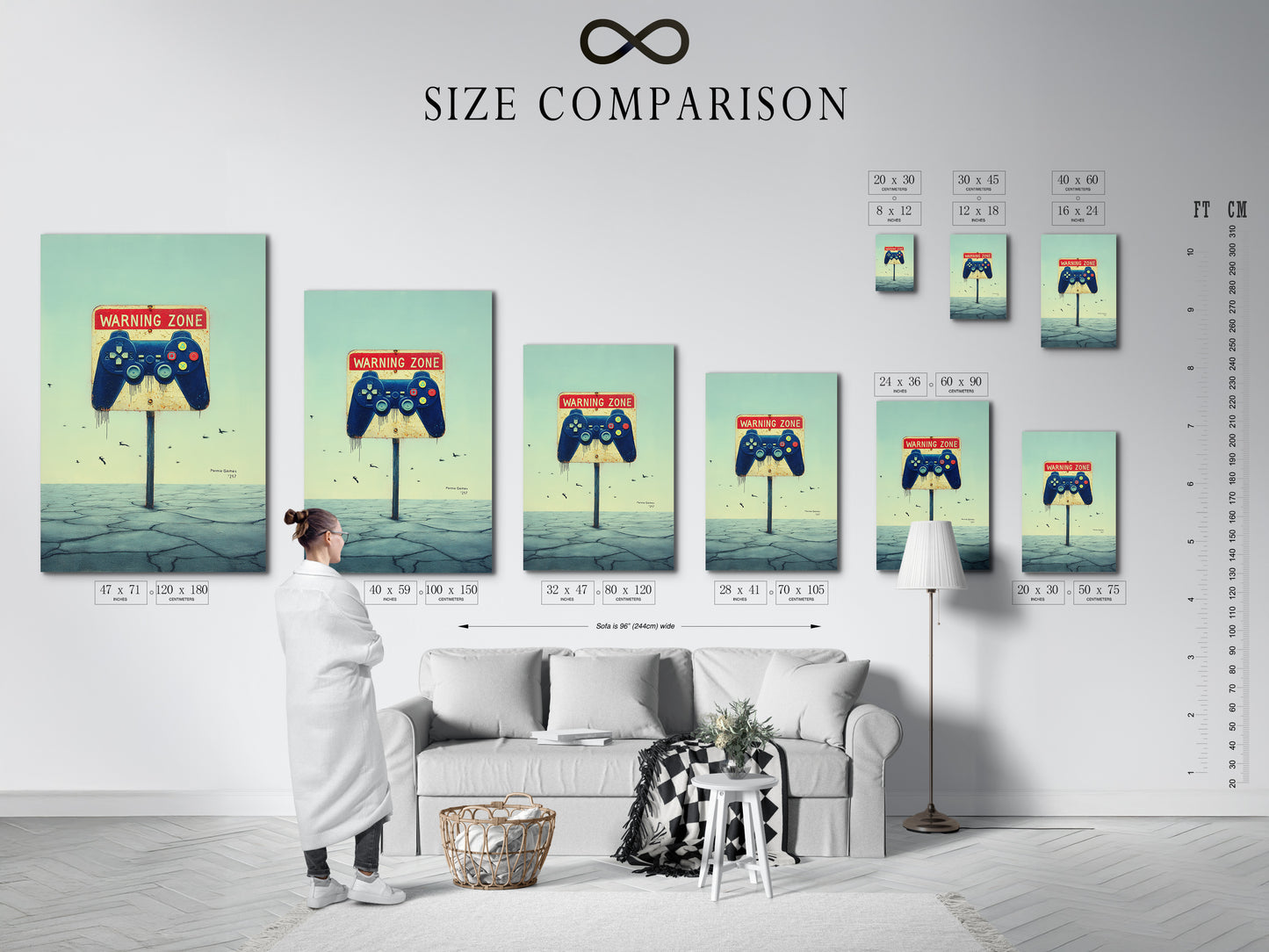Size comparison chart for Gaming Zone artwork in an interior setting. Find the perfect fit for your gamer wall art. The gaming print comes in various sizes. Choose cool teen boy decor for your space. Enhance your game room art.
