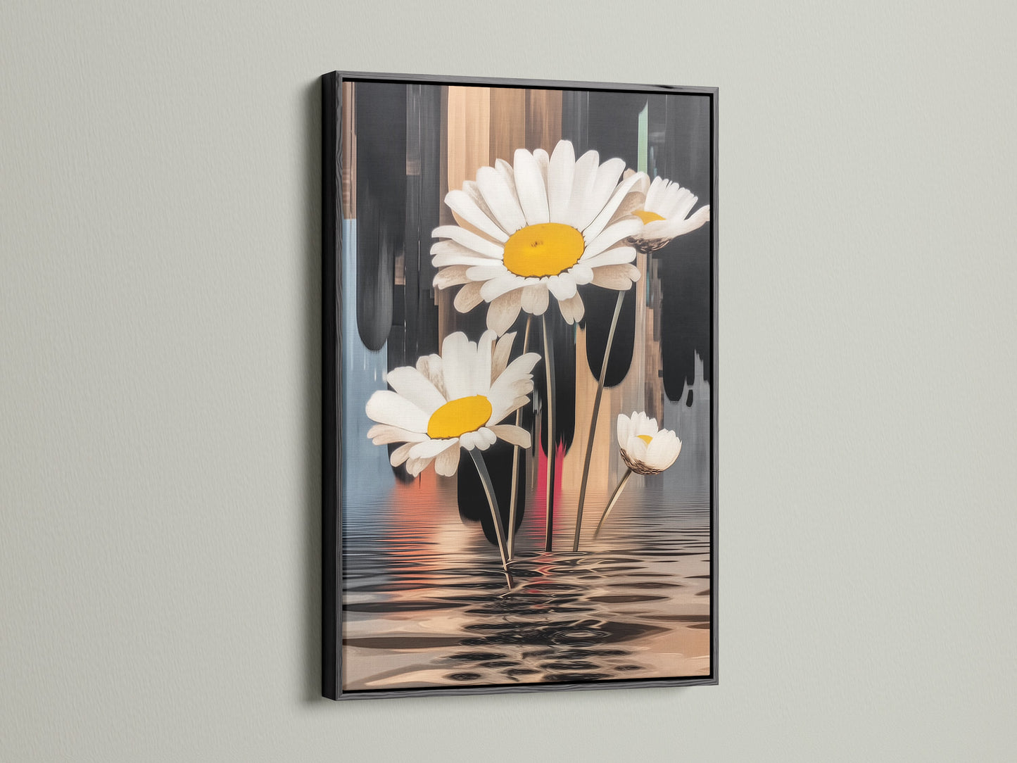The daisy artwork is presented in a sleek black frame. The black frame adds a bold contrast to the floral art. This piece is ideal for modern minimalist and Scandinavian decor. The artwork brings nature indoors with its floral design.