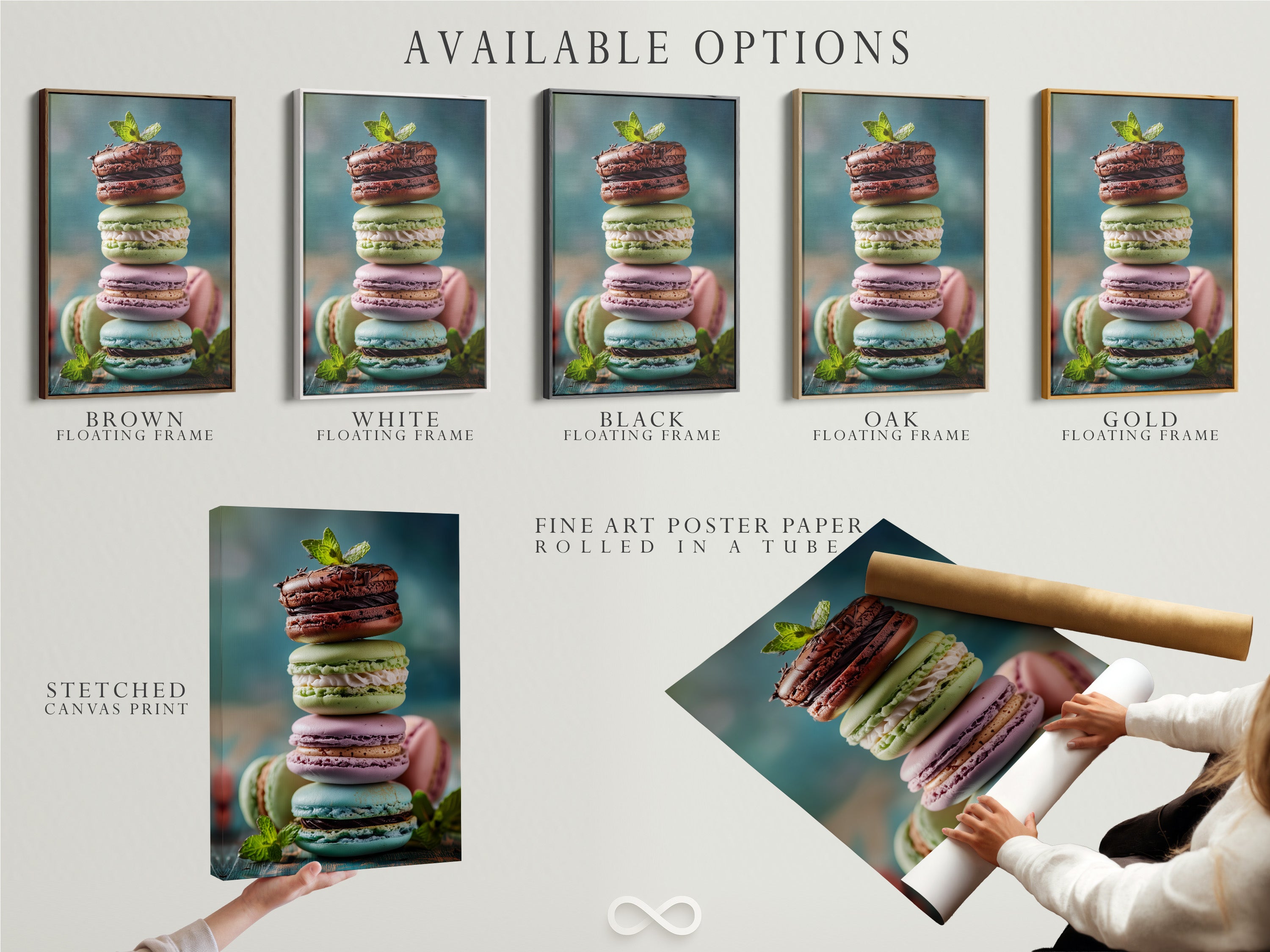 The image showcases available options. You can choose stretched canvas print fine art poster paper or a floating frame. Customize your artwork to match your style. Explore the possibilities for your art.