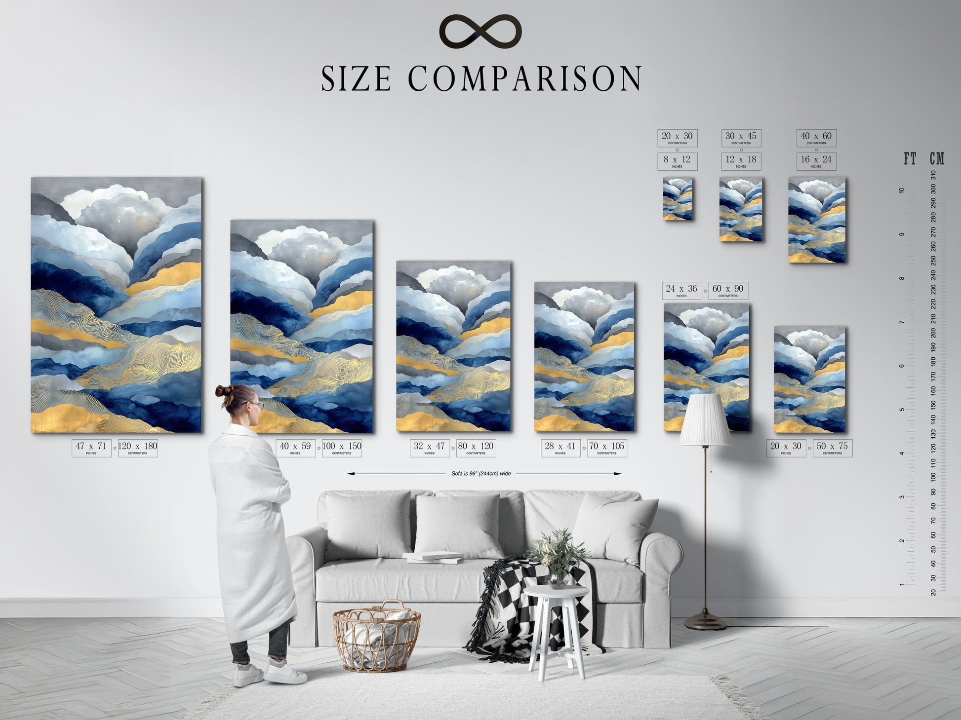 Size comparison chart displayed in an interior setting. Showcasing abstract mountain artwork in various sizes. Blue gold landscape canvas art. Modern nature print for wall decor. Find the perfect fit for your space.
