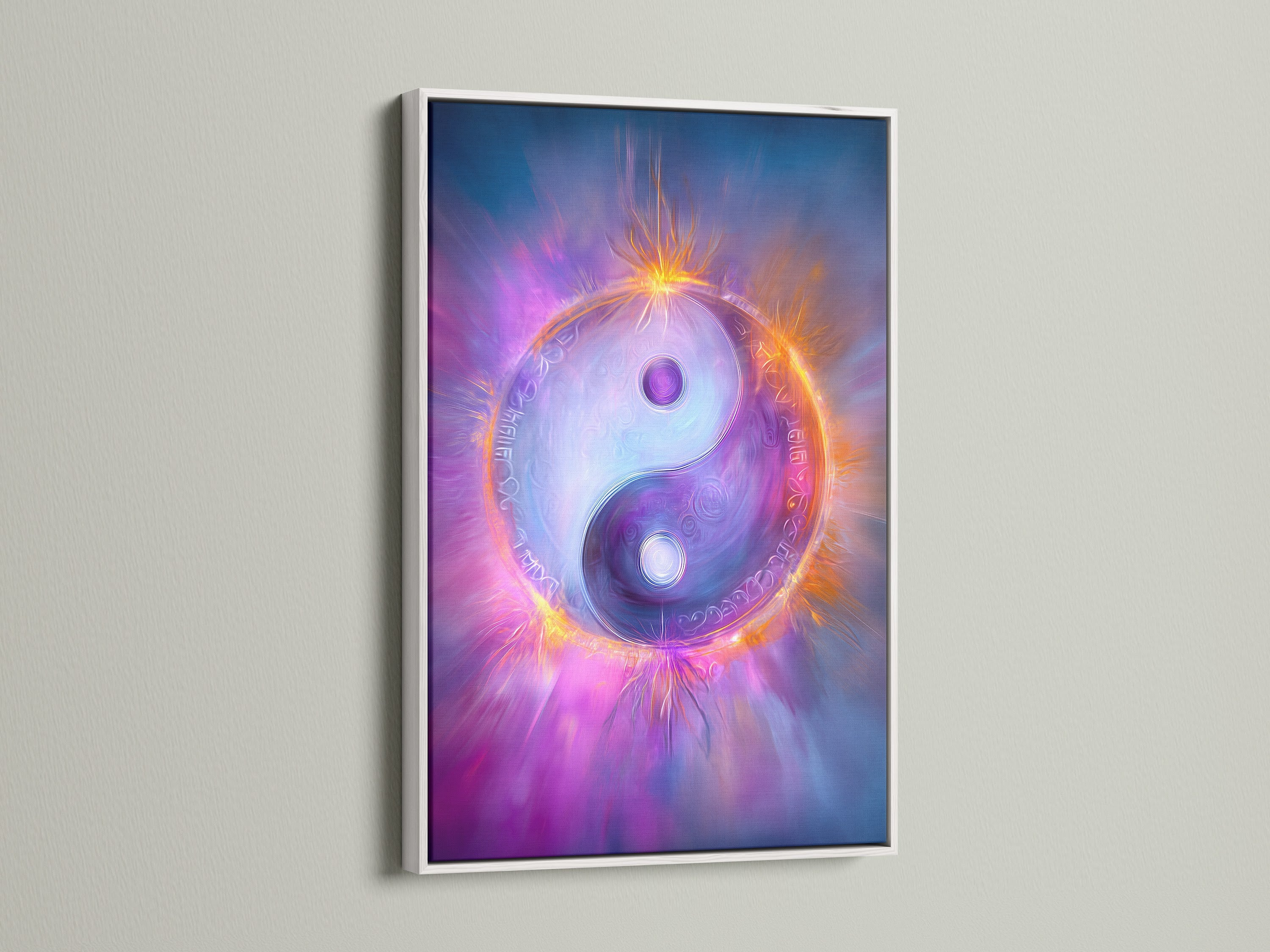 Displayed is a white framed Yin Yang canvas. The purple wall art brings spiritual mindfulness. This artwork is perfect for yoga studio decor. It adds a touch of cosmic energy to any room.