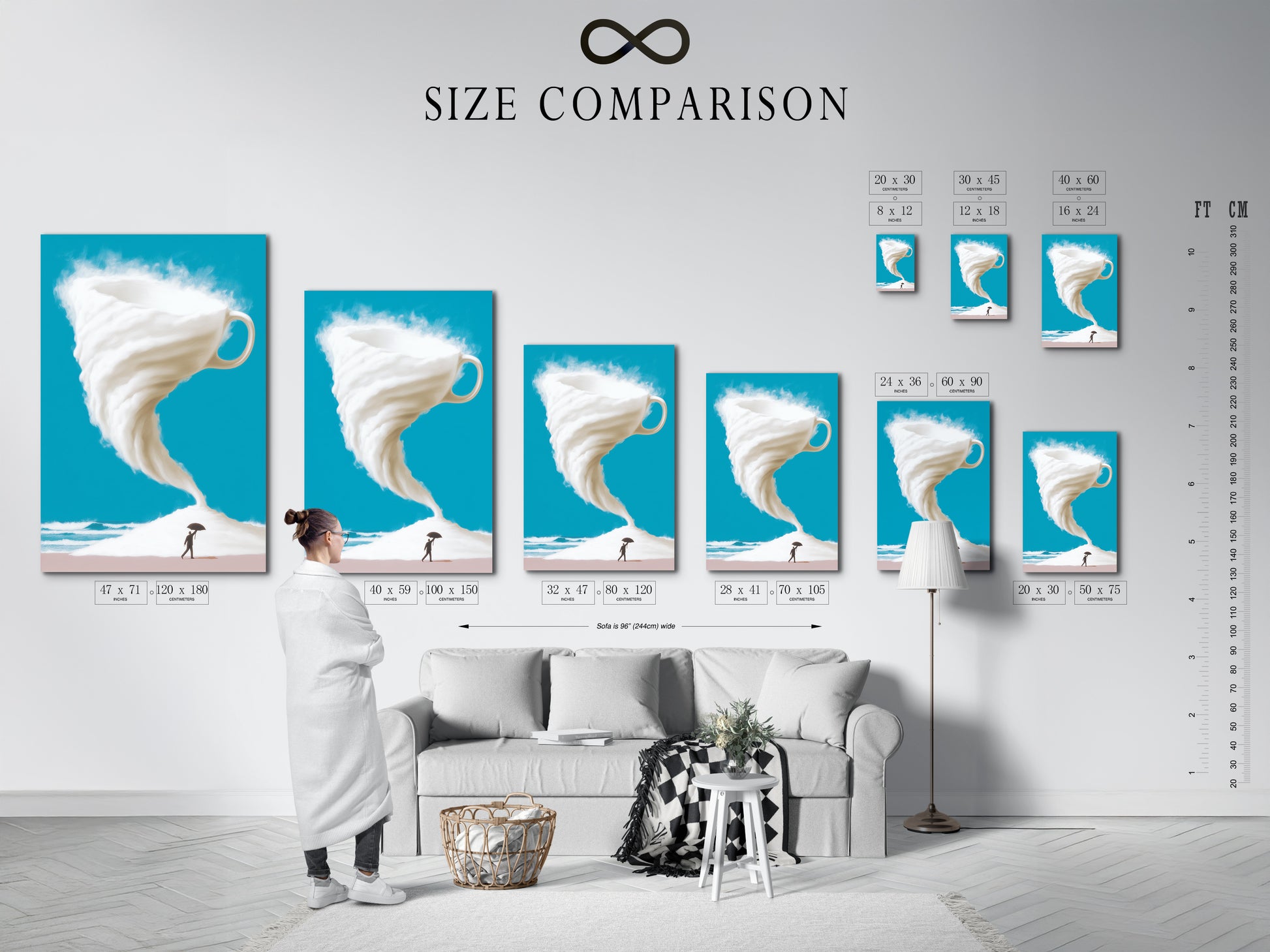 A size comparison chart displayed in an interior setting showcases the various dimensions available for this artwork. Featuring the surreal coffee cup storm canvas print. This turquoise sky and beach art is perfect for modern home decor. Find the ideal size for your space.