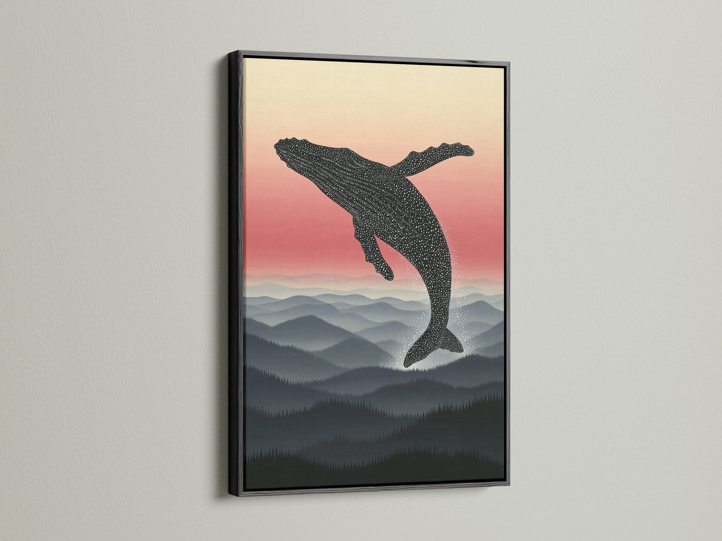 This is a black frame on the whale artwork print. The frame enhances the minimalist decor. The mountain landscape wall art is a beautiful nature print. Perfect as ocean wall art or minimalist art.