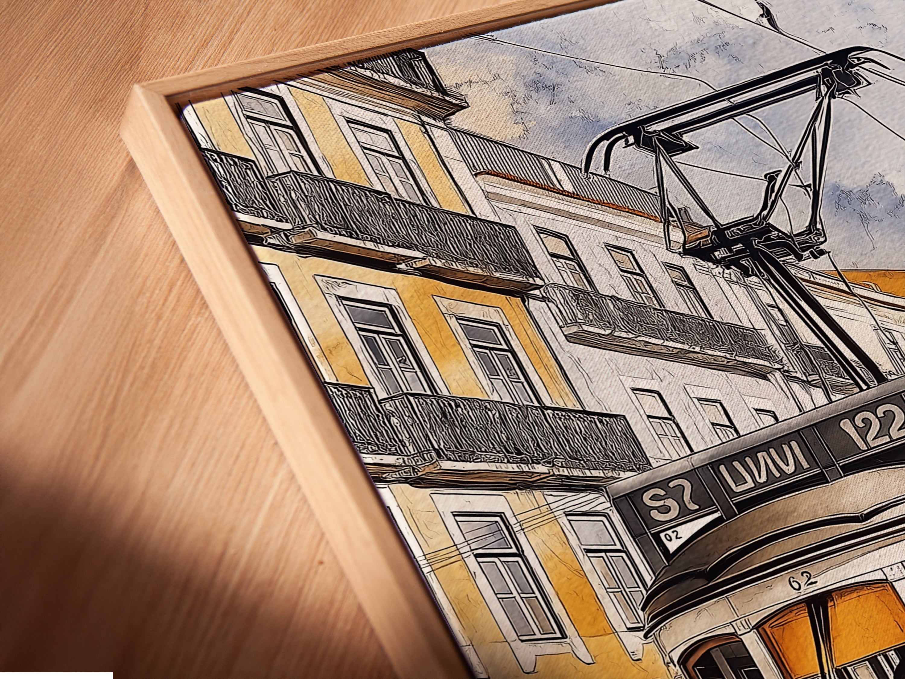 A close-up angled view reveals the textured canvas of a Lisbon street art print within a floating frame. This modern framing style gives the vintage tram artwork a gallery-like appearance. Ideal for contemporary spaces. See the fine details of this art.