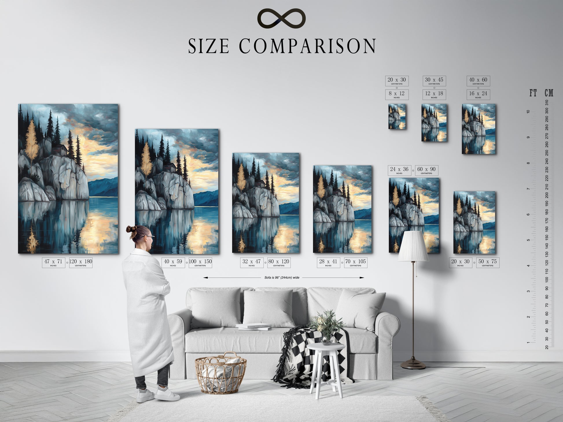 Size comparison chart displayed in an interior setting showcasing the Lakeside Cliff artwork. Find the perfect size for your serene mountain wall art. This moody landscape artwork is ideal for study rooms. The blue and gray tones create a tranquil scene. Suitable for homes and businesses.