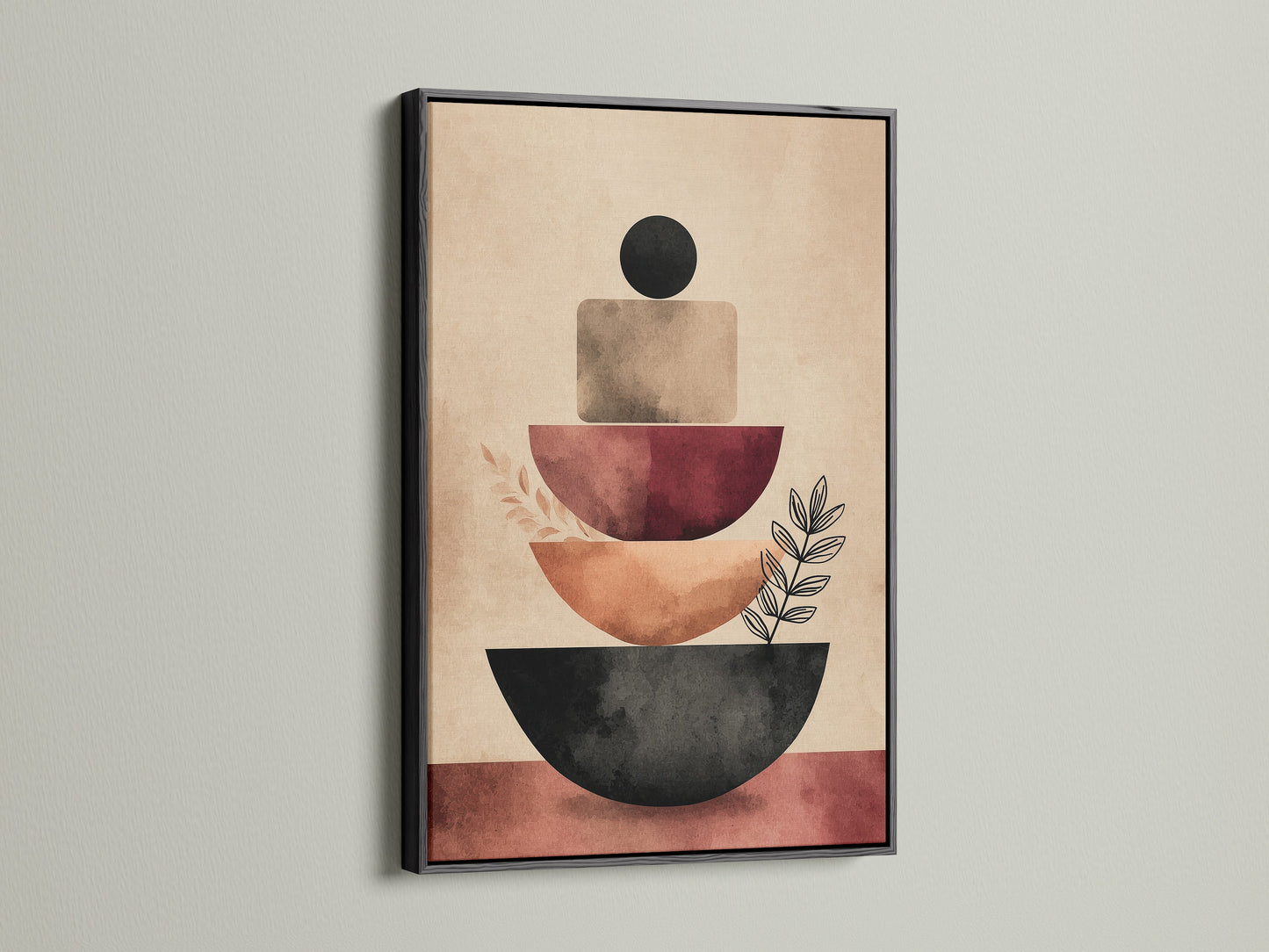 A black frame displays abstract shapes. The artwork features earth tone minimalist wall art. Geometric shapes create a modern artwork. This piece is perfect for office decor. The black frame is a bold choice.