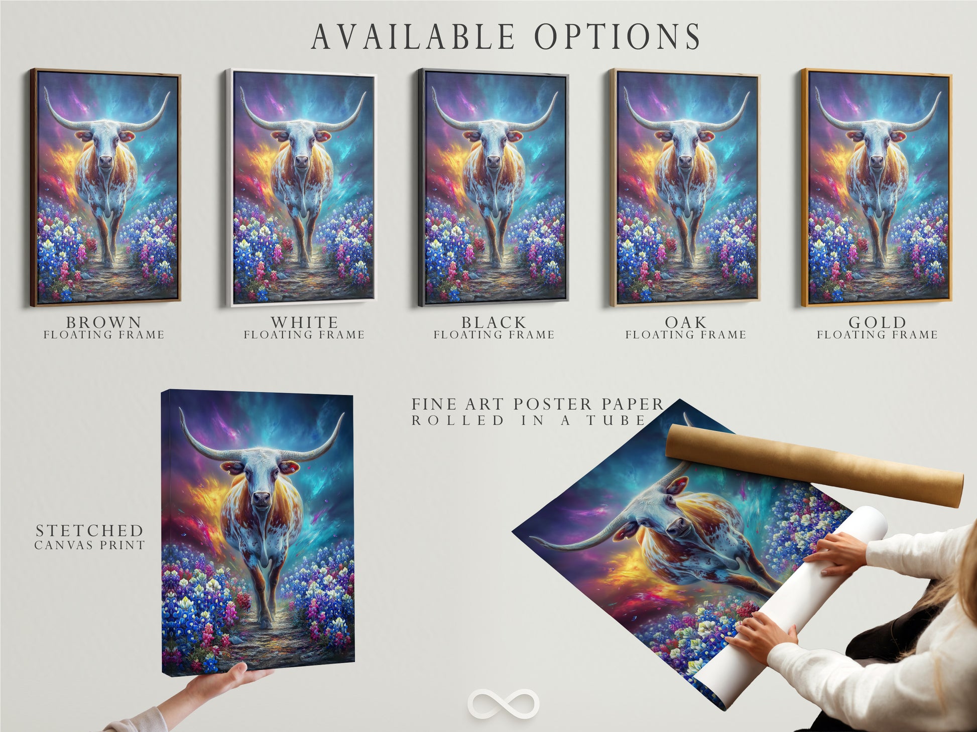 Explore available options for the mystical cow artwork. Choose from stretched canvas prints fine art poster paper or floating frames. The fantasy animal art suits any decor style. The wildflower field art adds a touch of nature. Elevate your space with this magical and ethereal piece.