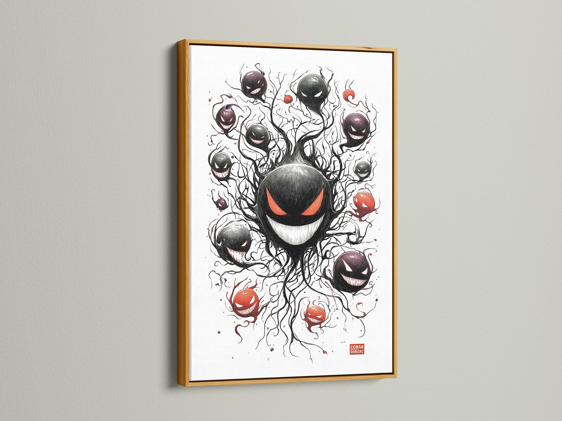 A ghostly gathering artwork is beautifully framed in gold. This piece of character art is excellent for game room artwork. It enhances any geeky home decor. This eerie print offers a unique and ghostly art experience.