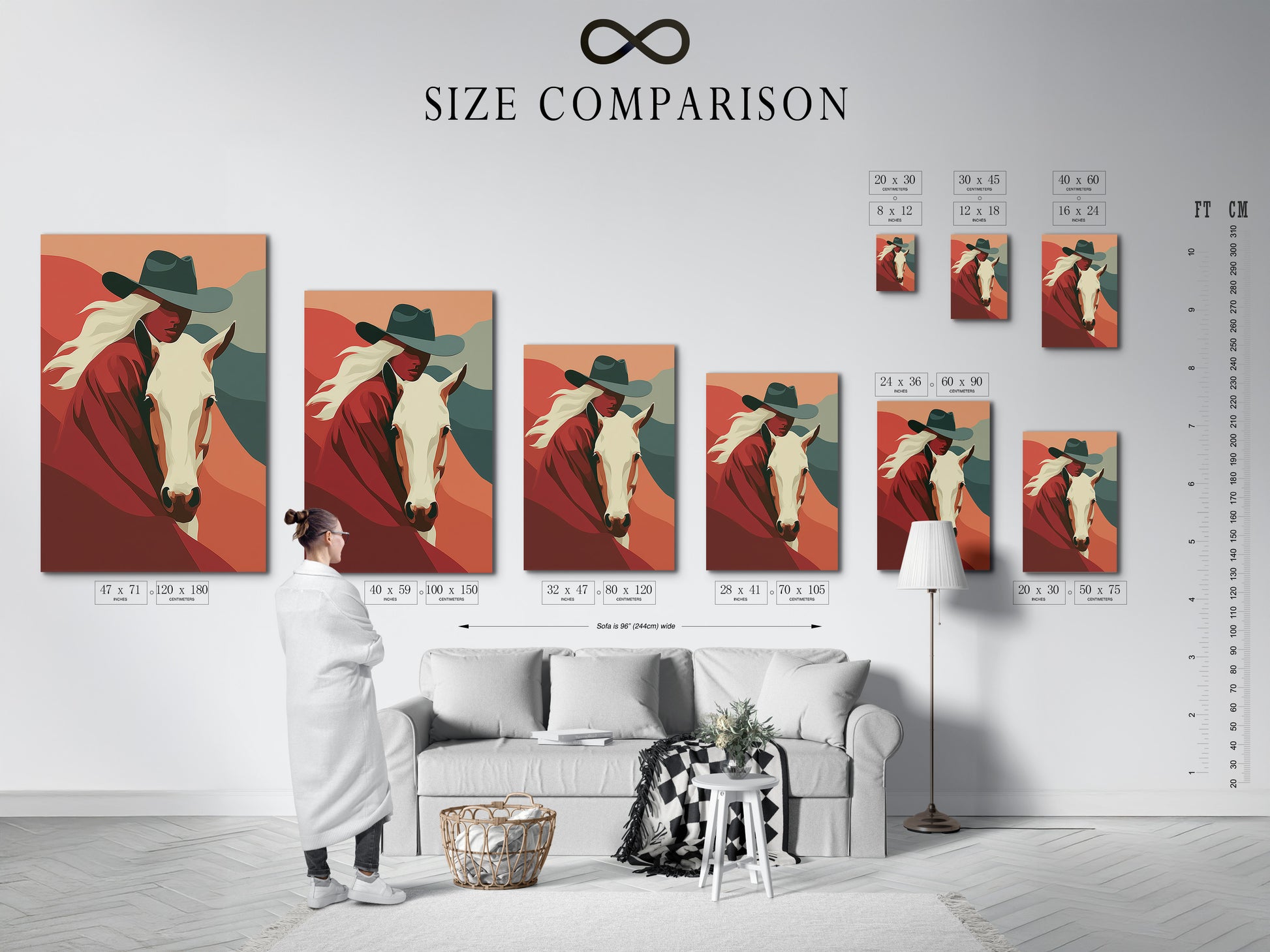 A size comparison chart is displayed in an interior setting. This chart helps visualize art print sizes. It helps with scale. See how different sizes fit your space. Choose the perfect size. Enhance your interior decor.