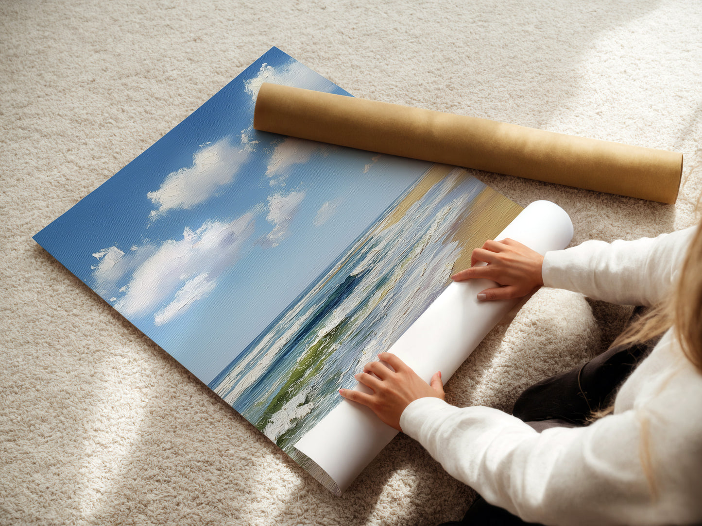 A woman carefully rolling a fine art poster paper. This highlights the care. The attention to detail in preparing the artwork for display. It shows the quality and handling of fine art prints.