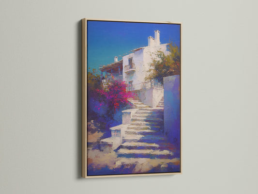 Mediterranean Village canvas artwork with an oak frame. This Greek Island staircase print is perfect coastal wall decor. The blue and white artwork enhances any bedroom. Its Santorini style evokes the Aegean Sea.