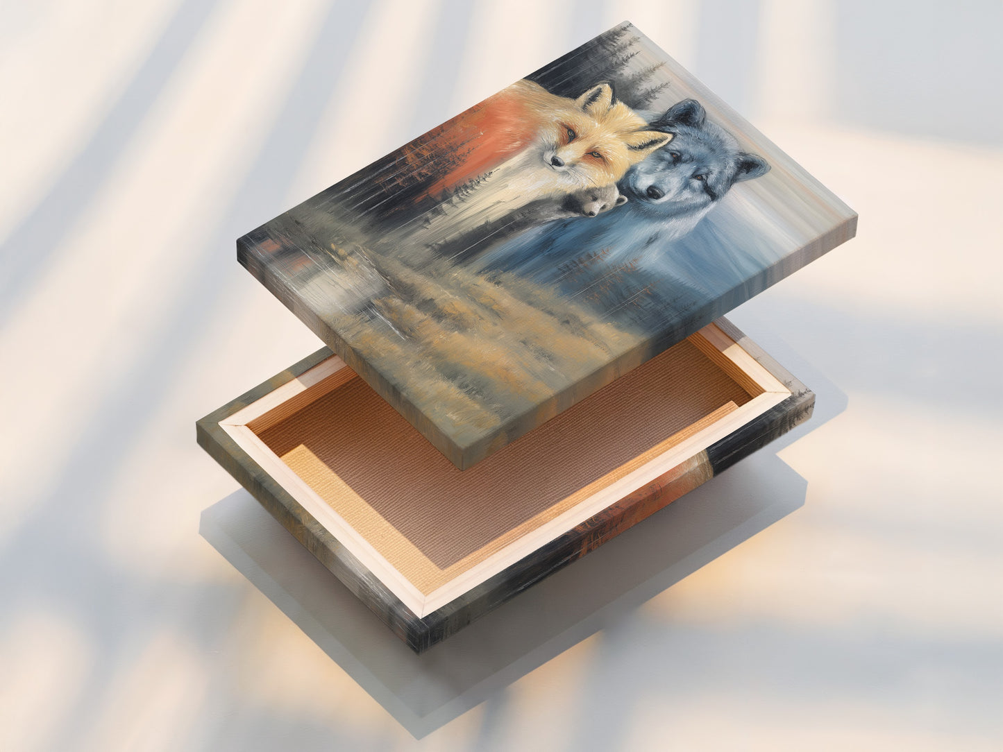 Stretched canvas print featuring a captivating wildlife family. Artwork of a fox wolf and bear creating a focal point. Enhance your space with this rustic wall art.