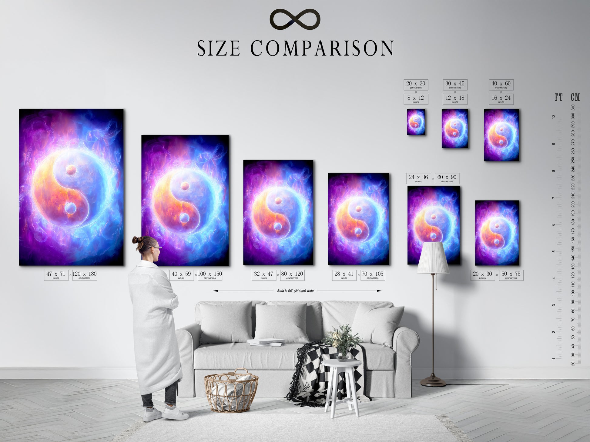 See a size comparison chart in a modern interior. The chart showcases Yin Yang cosmic energy wall art. The spiritual purple and blue abstract design fits various spaces. It's perfect for meditation rooms and yoga studios. Find the ideal fit for your holistic decor needs