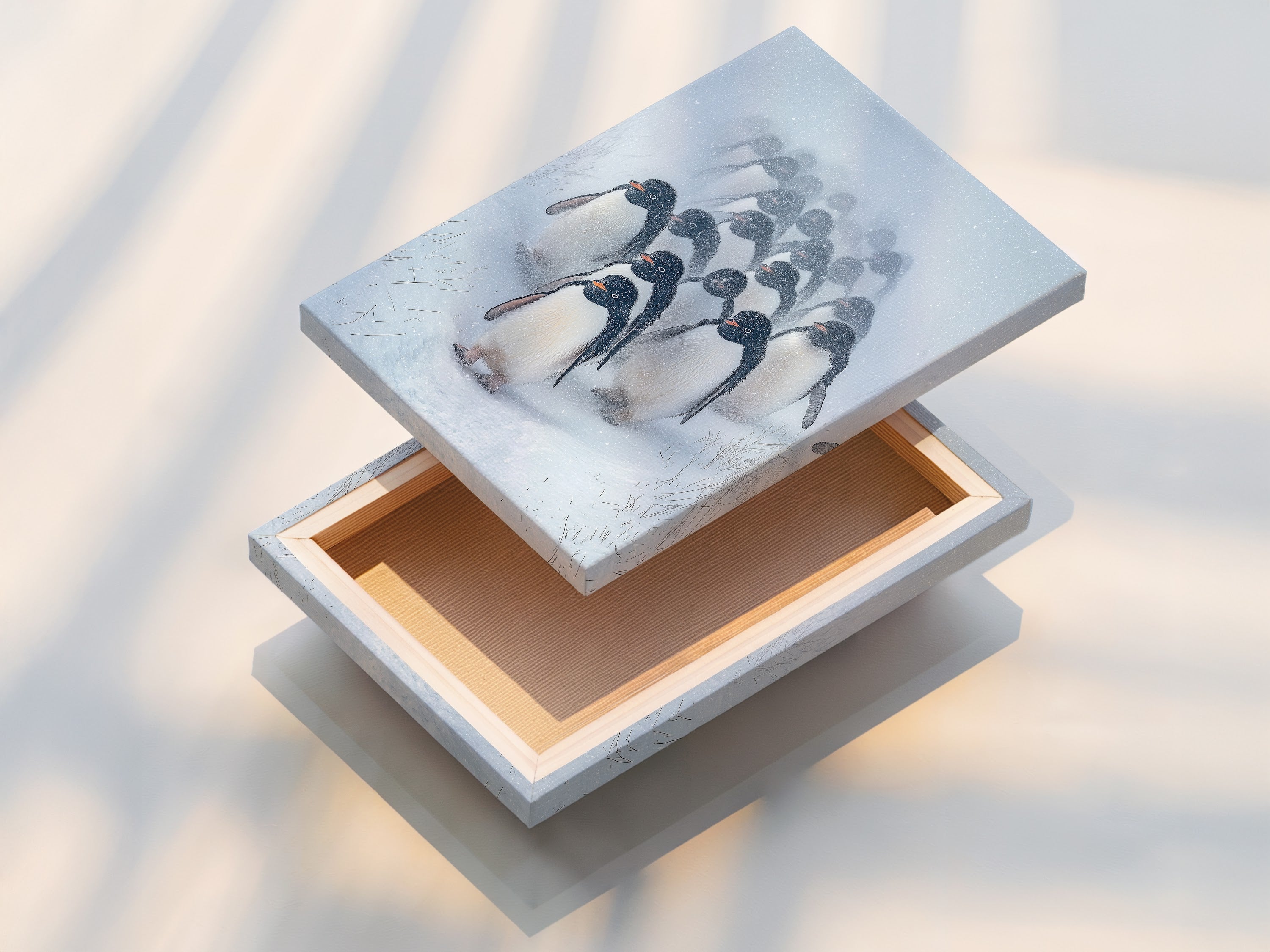 A stretched canvas print featuring a penguin parade. Ready to hang this artwork brings Antarctic wildlife to your home. Perfect for adding a touch of coastal style to any room. This is ideal for modern and minimalist decor.