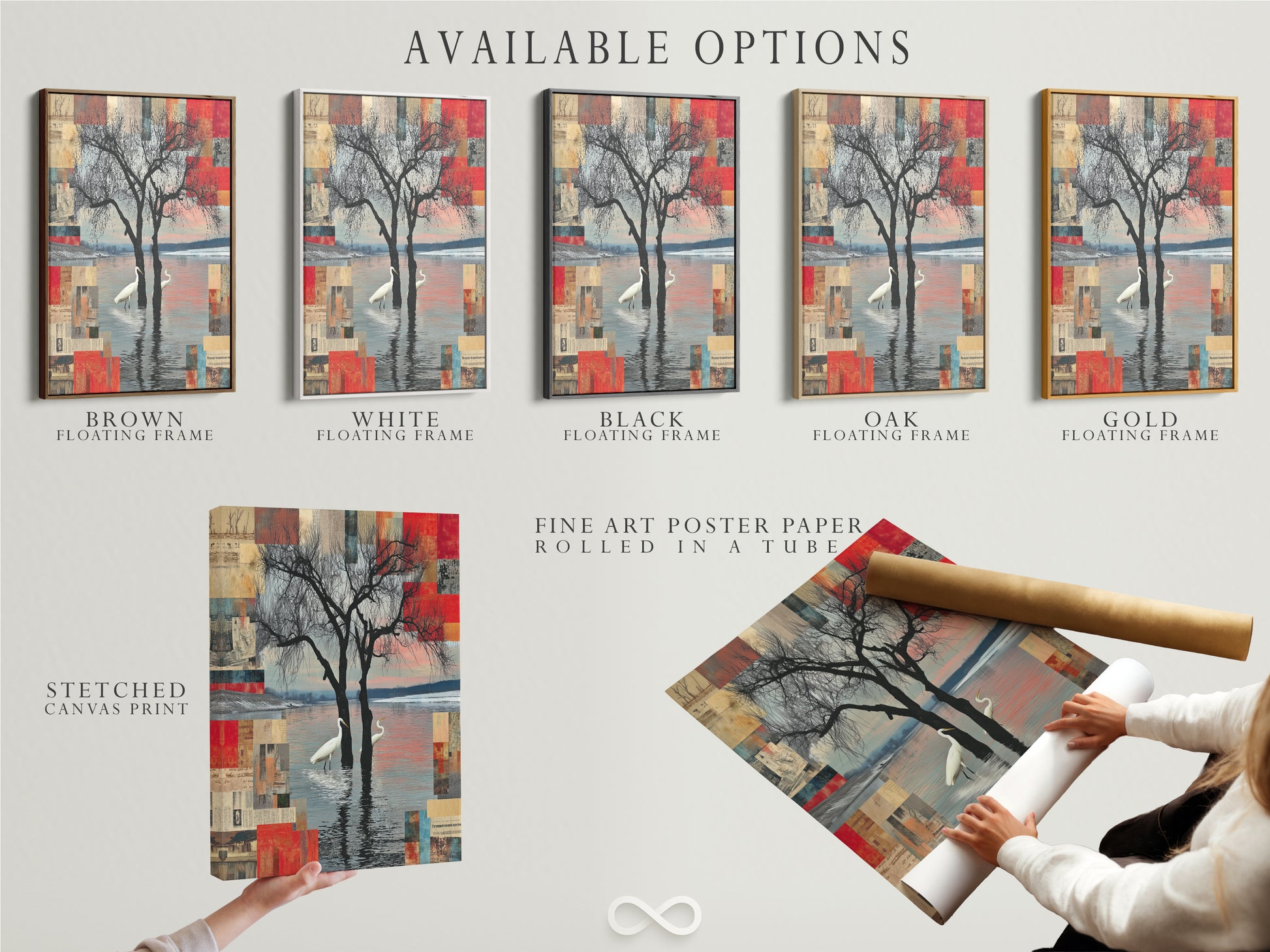 Explore available options for Crane Bird Abstract Lake artwork including stretched canvas print fine art poster paper and floating frame. Choose the perfect format to complement your space. Elevate your modern wall art collection.