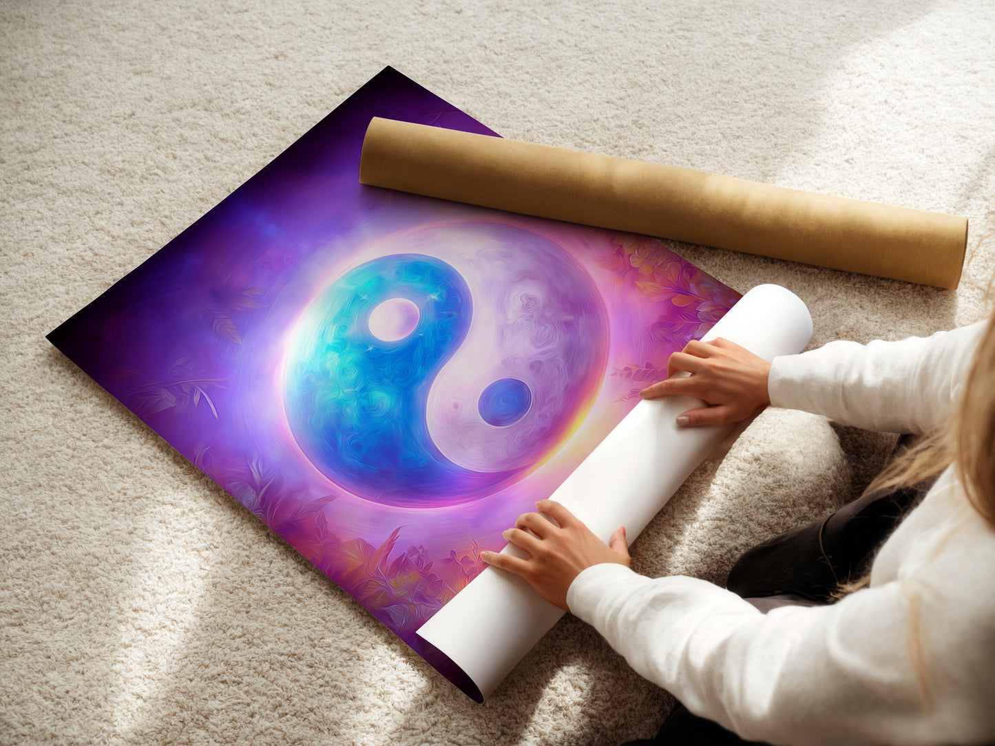 A woman is carefully rolling a fine art poster paper. The paper features the Yin Yang art design. This spiritual artwork is ready for framing. High-quality materials ensure a lasting zen decor piece. The poster paper is ideal for custom framing options.