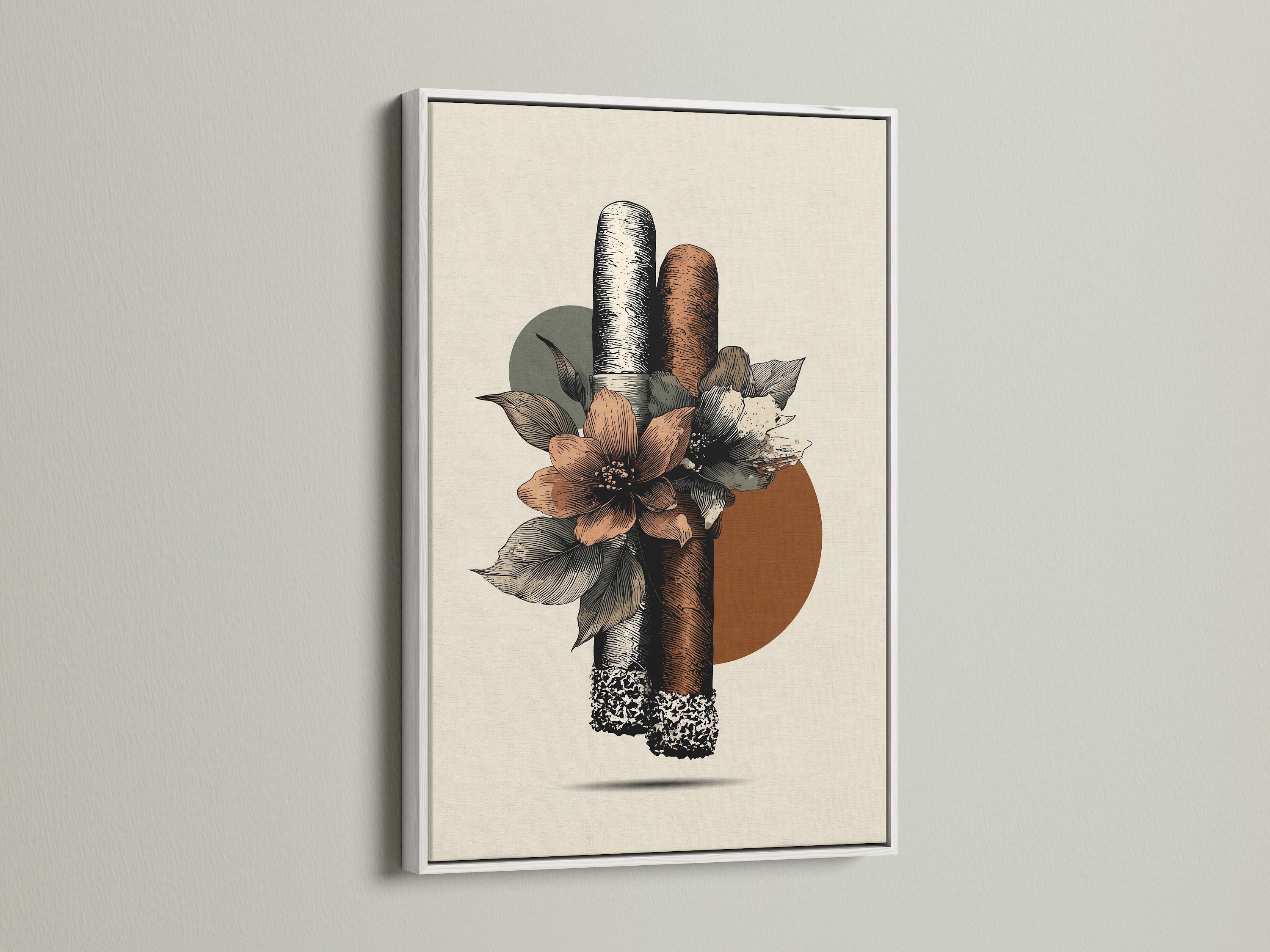 This is boho floral artwork with cigars in a white frame. This is perfect Eclectic Wall Art for a man cave lounge or cigar shop. The primary color is brown and the secondary color is beige. White frame will match any decor in your home.