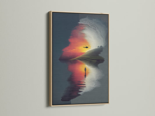 A surreal landscape print with a sunset reflection is showcased in an oak frame. This contemporary art piece brings a unique touch to any space. The artwork is ideal for living rooms bedrooms offices studios lobbies clinics cafés and boardrooms.
