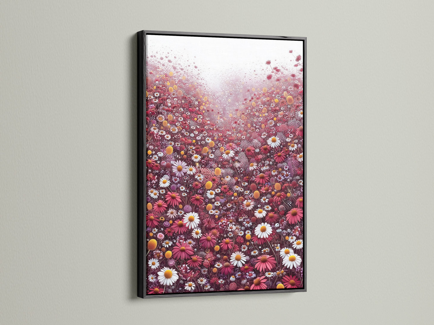 A striking black frame surrounds this floral meadow canvas artwork. The artwork is filled with red and white wildflowers. It offers a bold contrast and modern look. This botanical wall art is ideal for offices. Transform your space with this contemporary print.