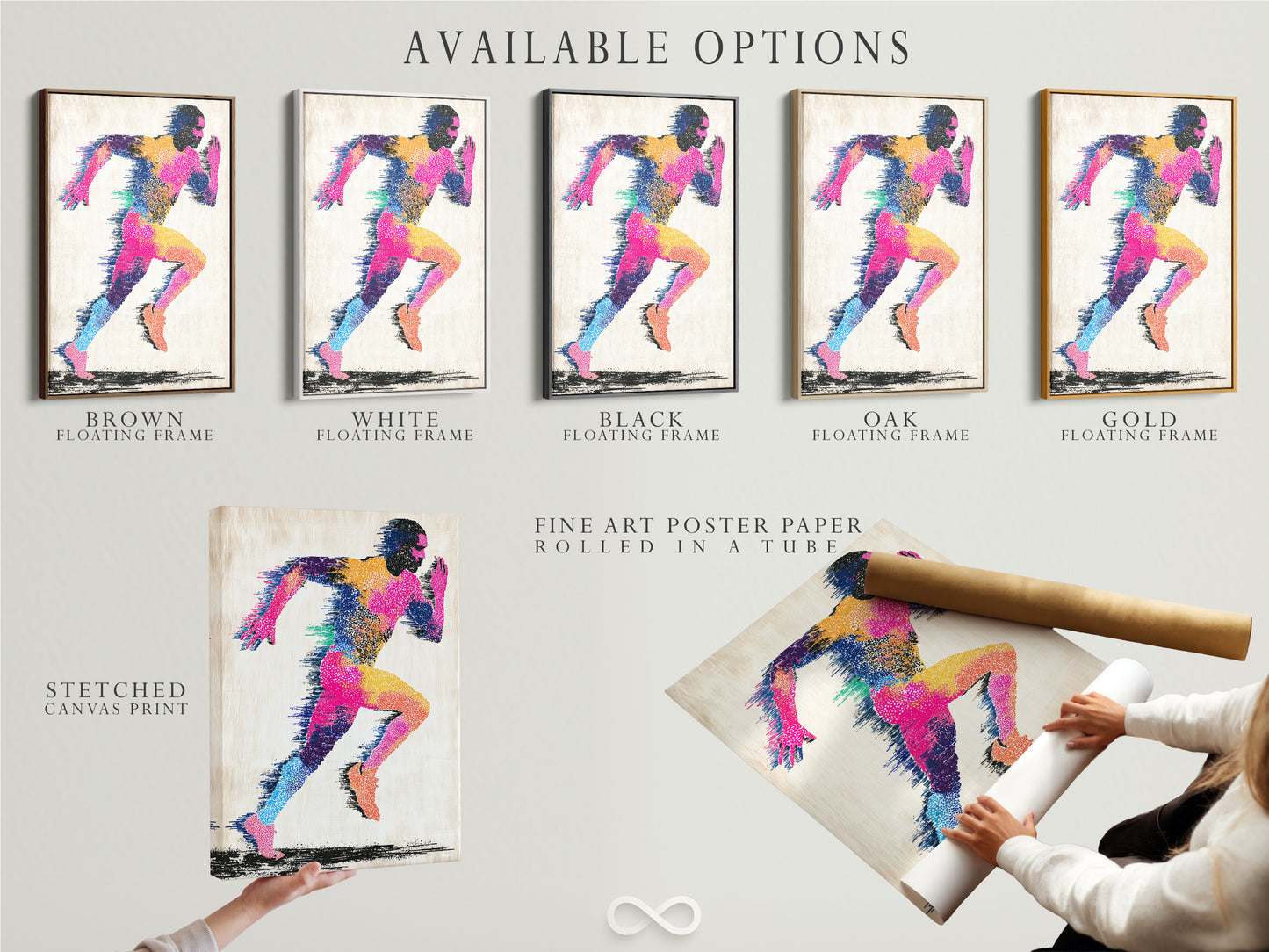Available options are displayed. These include a stretched canvas print fine art poster paper and a floating frame. The artwork features a colorful abstract figure of a runner. These options provide versatility and customization. Customers can choose the perfect style for their home.